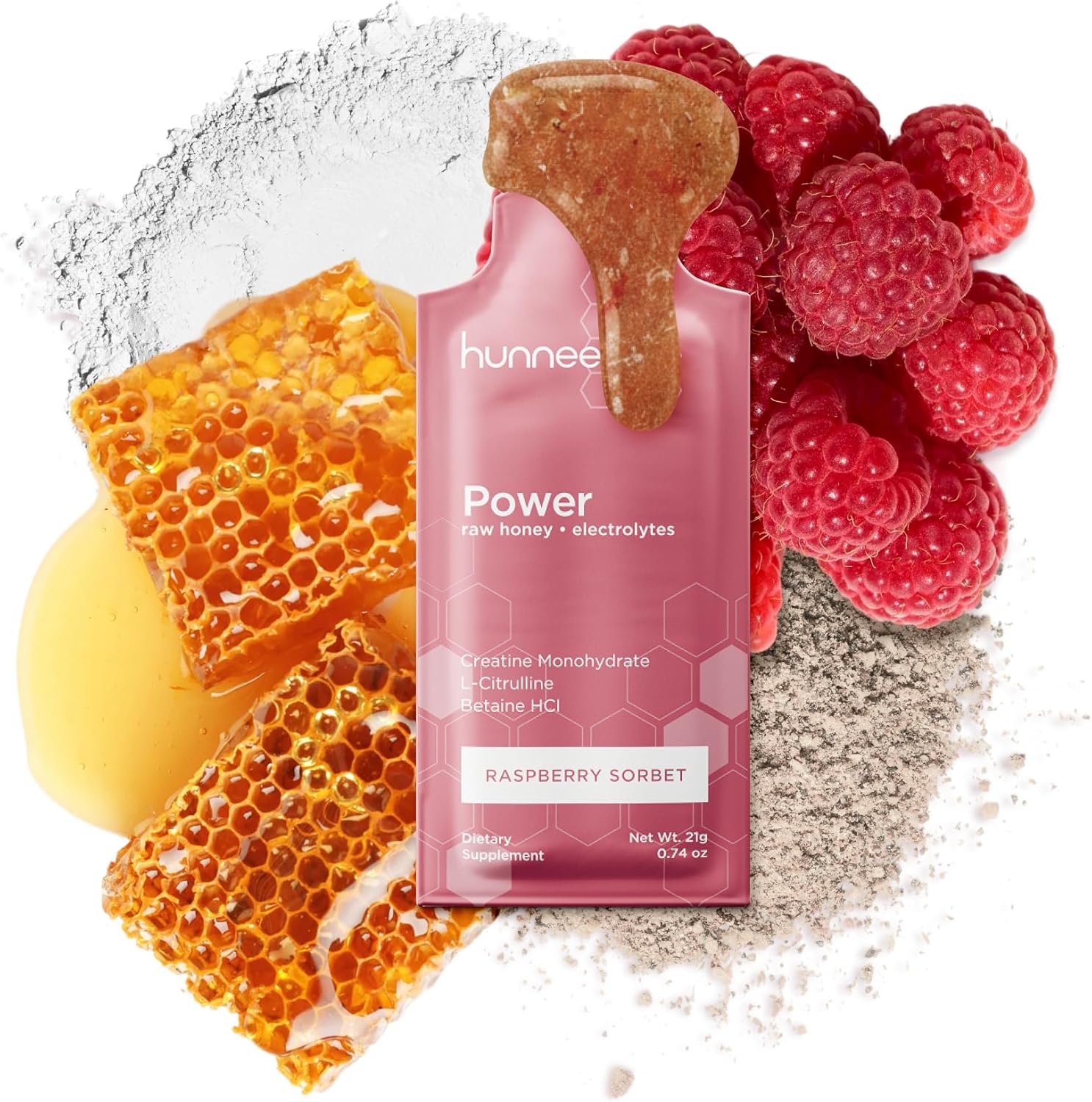 HUNNEE Power | Raw Honey Electrolytes Dietary Supplement with Creatine Monohydrate, L-Citrulline & Betaine HCl | Gluten-Free, Nut-Free, Non-GMO, Plant-Based, Raspberry Sorbet Flavor | 21g (14 Sachets)