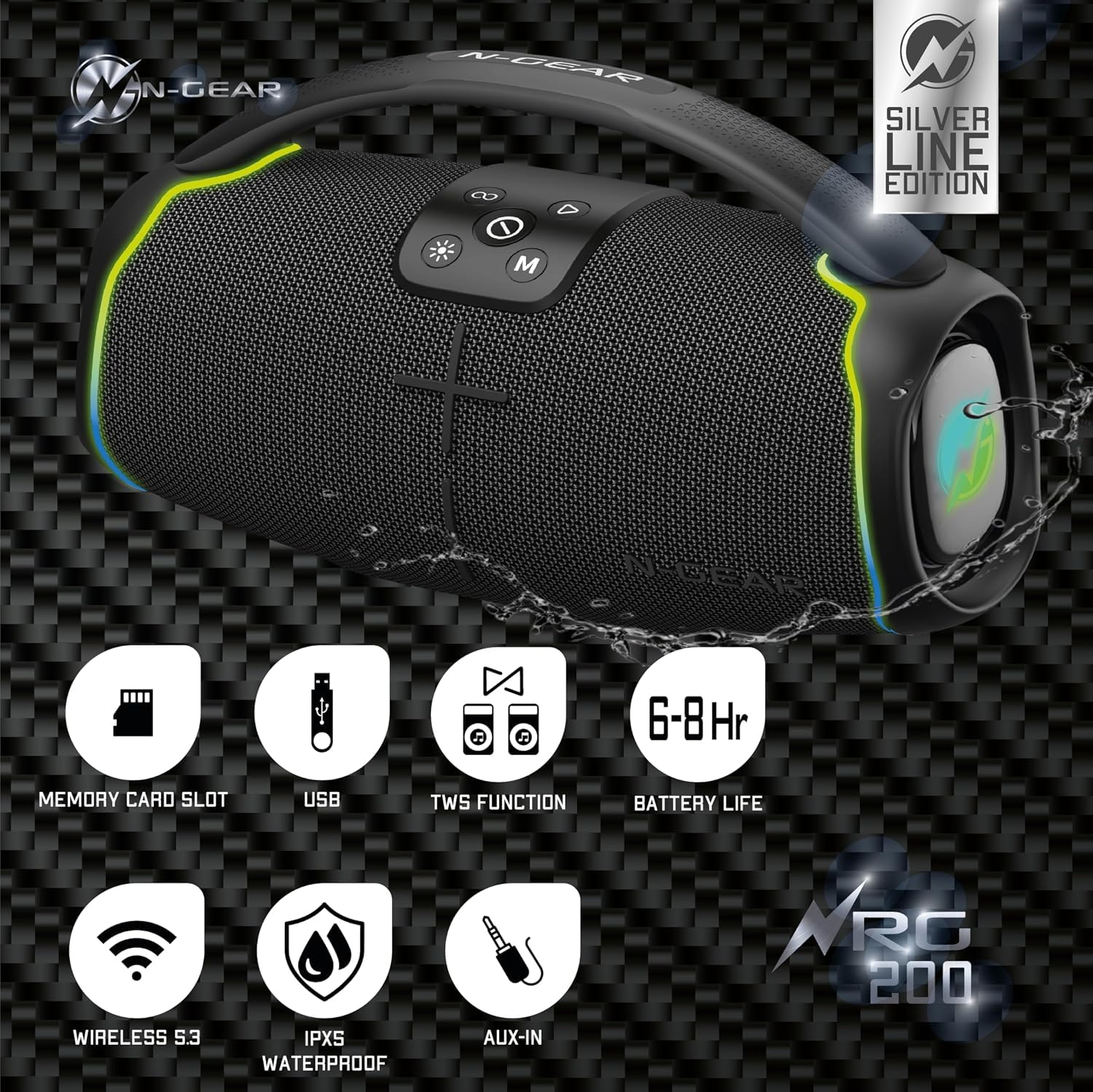 N-Gear NRG 200 Bluetooth Lautsprecher mit Licht und Tragegriff, 200 Watt Musikbox Bluetooth Kabellos, USB oder AUX verbinden mit 2 Handy, bis zu 8 Stunden Musik, Bluetooth Box Outdoor IPX5 wasserdicht