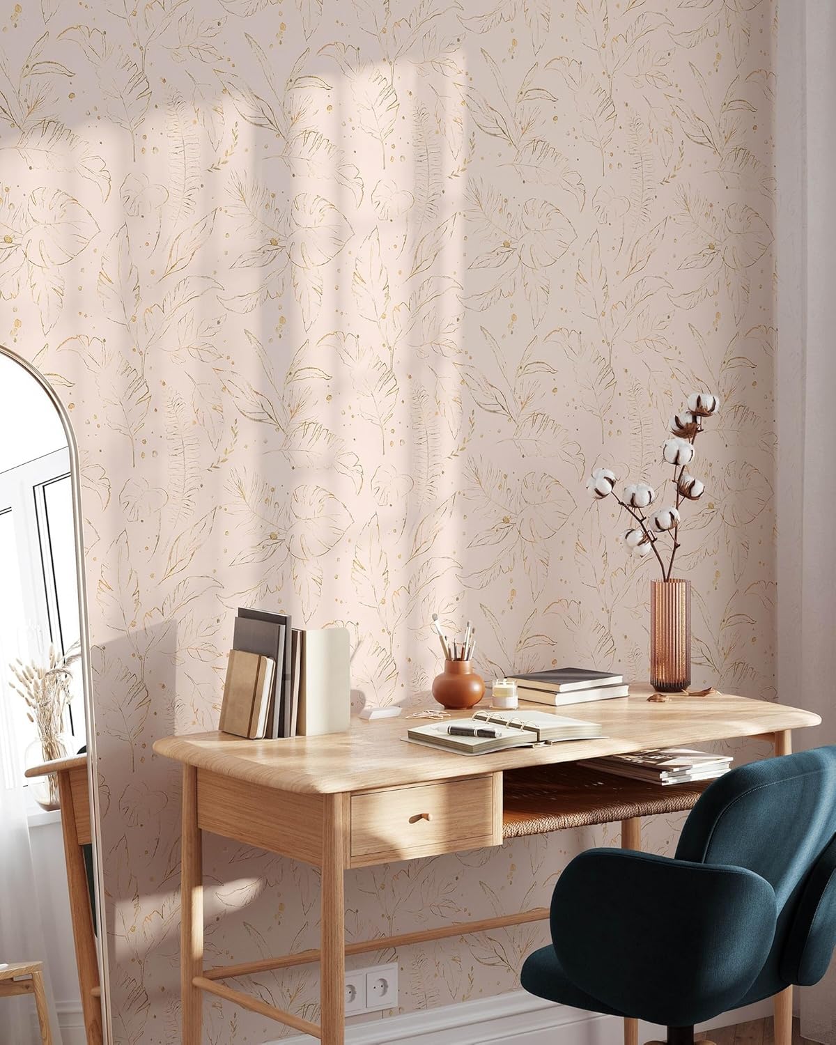 Gold Blush Tropical Wallpaper | Removable Self Adhesive Exotic Botanical Wallpaper | Tropical Peel & Stick Wallpaper (1 roll 24" W x 96" H)