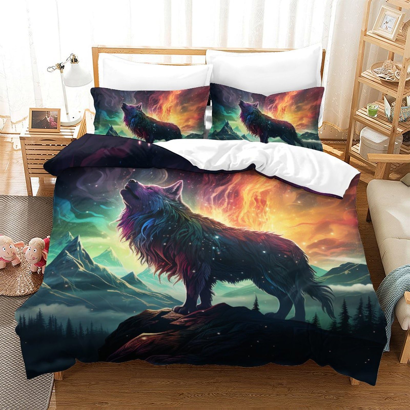 Housse de couette loup parure de lit 3 pièces microfibre ado lit 2 personnes