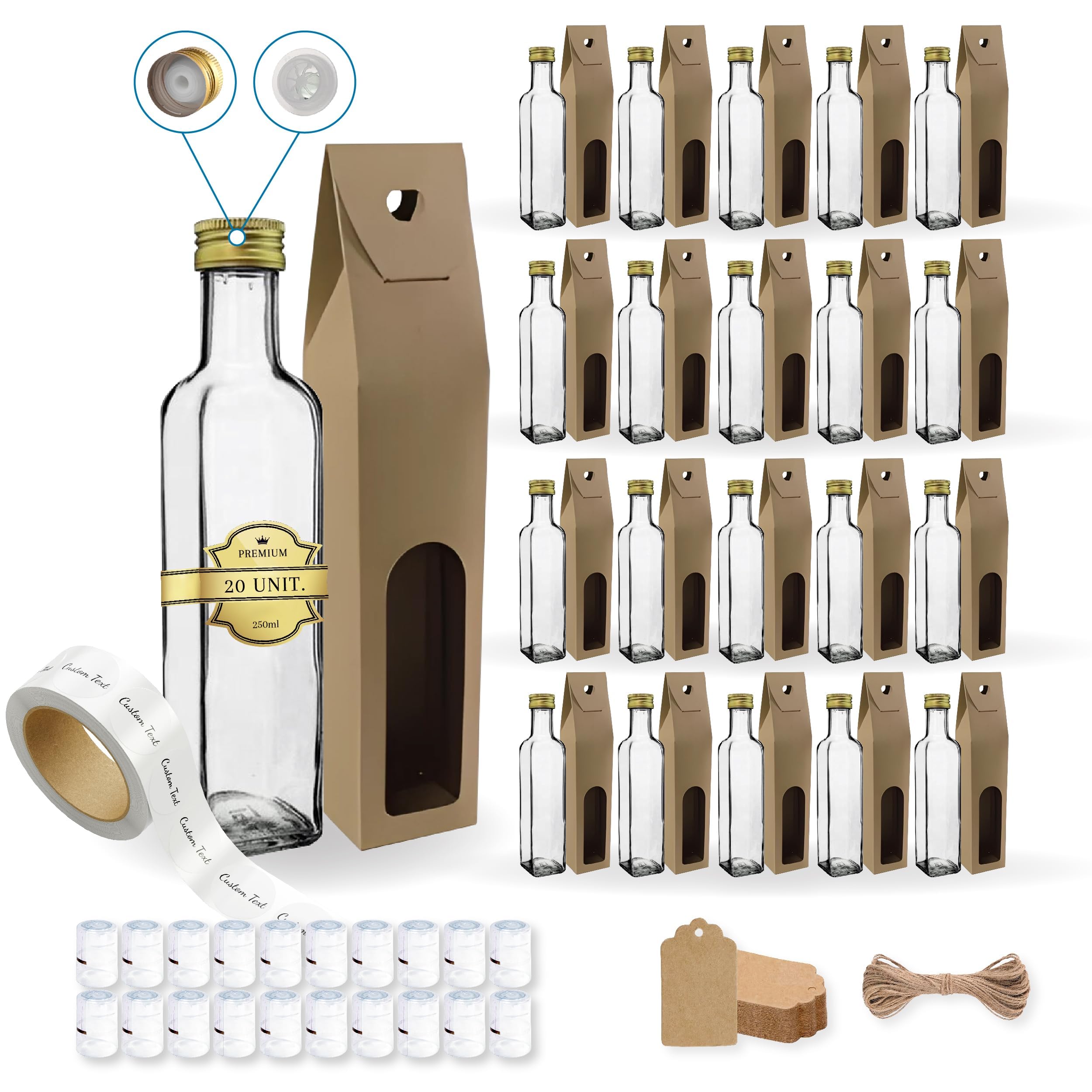 20 botellas de cristal de 250 ml con tapón de rosca dorado con boquilla vertedero + 20 cajas + 20 sellos + 20 etiquetas personalizadas + 20 etiquetas Kraft + cuerda - aceite de oliva, vinagre -
