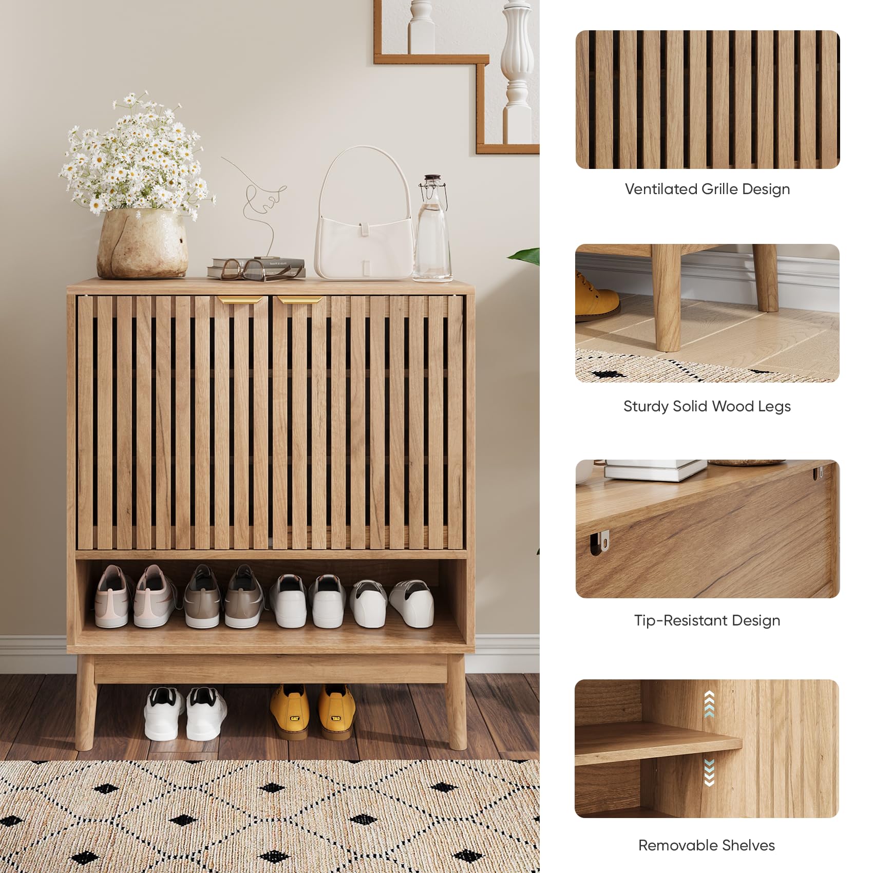 Kiasthome Zapatero de Madera con Estantes Ajustables, Organizador de Zapatos con Puertas Rejilladas, Mueble Zapatero para Entrada, Pasillo y Salón, Diseño Moderno (Madera Natural, 70 cm)