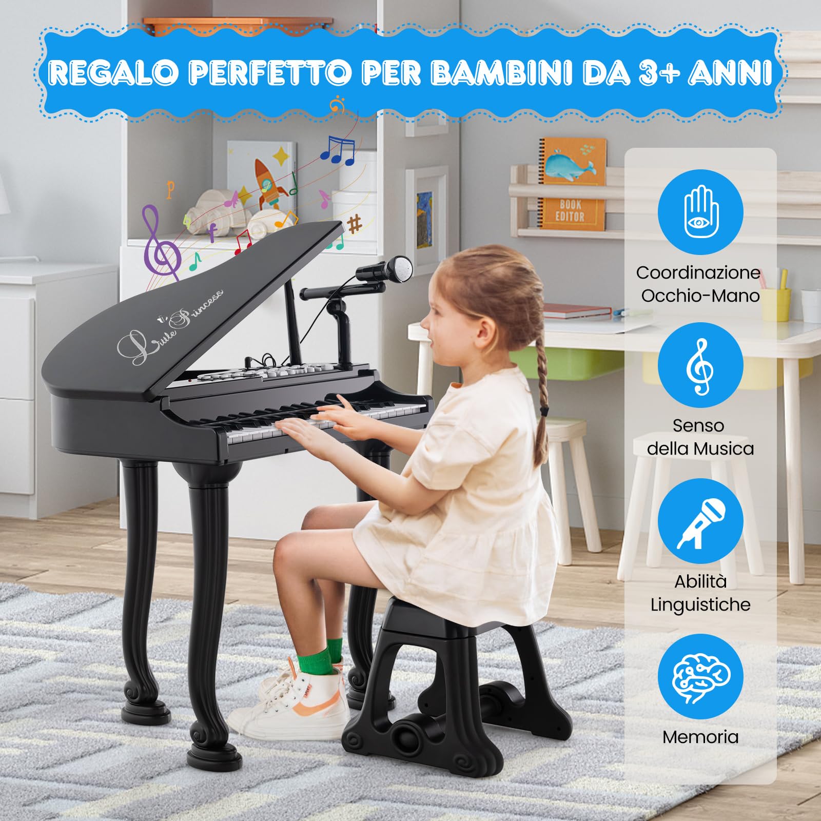 RELAX4LIFE Pianoforte per Bambini con 31 Tasti e Sgabello, Tastiera Pianoforte Elettronico con Microfono, Funzione di Registrazione e Riproduzione, Giocattolo Musicale per Bambini 3+ Anni (Nero)