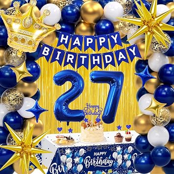 27th Birthday Decorations for Men, Navy Blue Gold Happy 27 Birthday Party Decorations Include Happy Birthday Banner, Number 27 Balloons, Fringe Curtain, Crown, Star Foil Balloons, Cake Topper