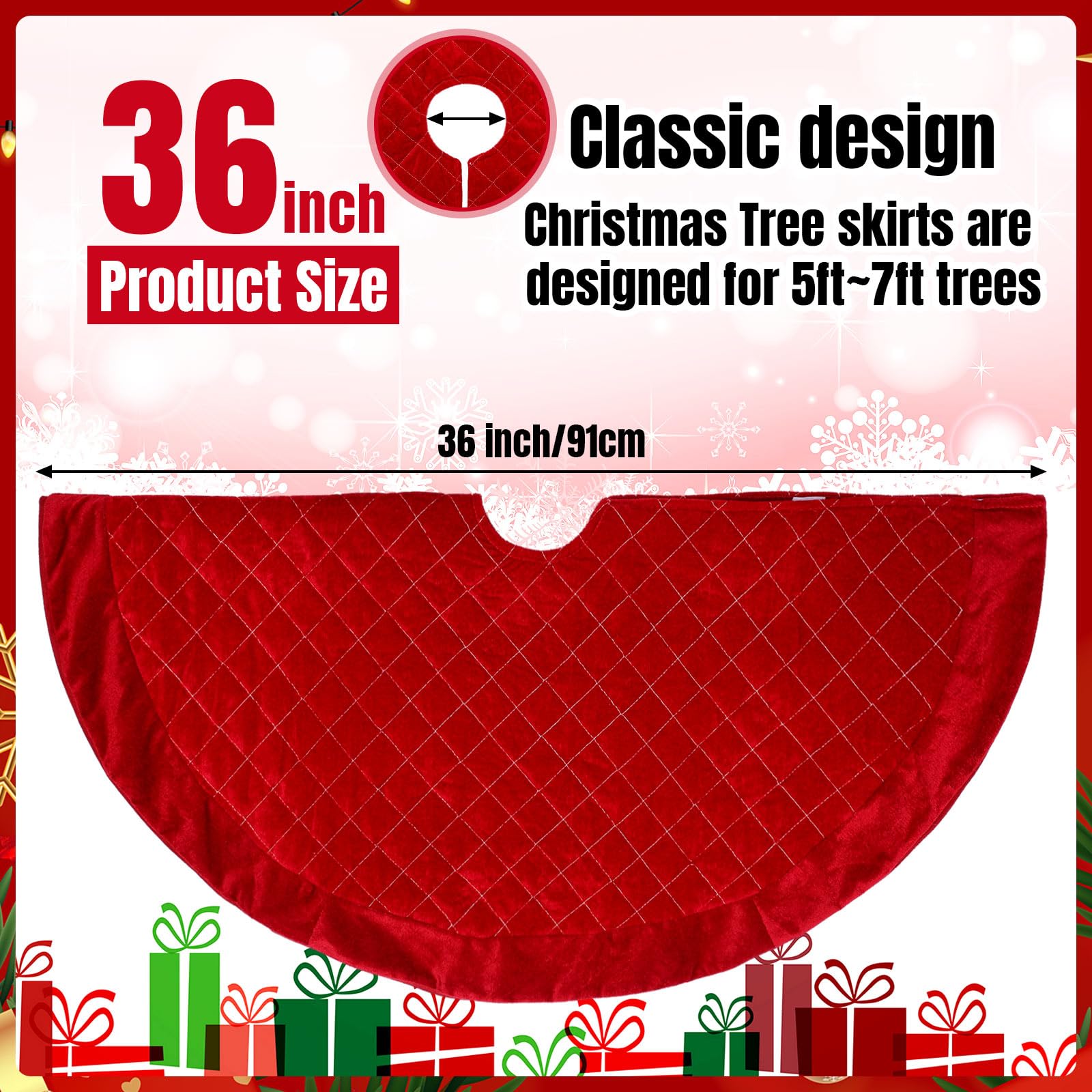 Outus Gonna per albero di Natale, 91 cm, in velluto rosso, lussuosa, in peluche, con reticolo centrale, decorazioni natalizie, tappetino per albero di Natale, decorazione per interni ed esterni,