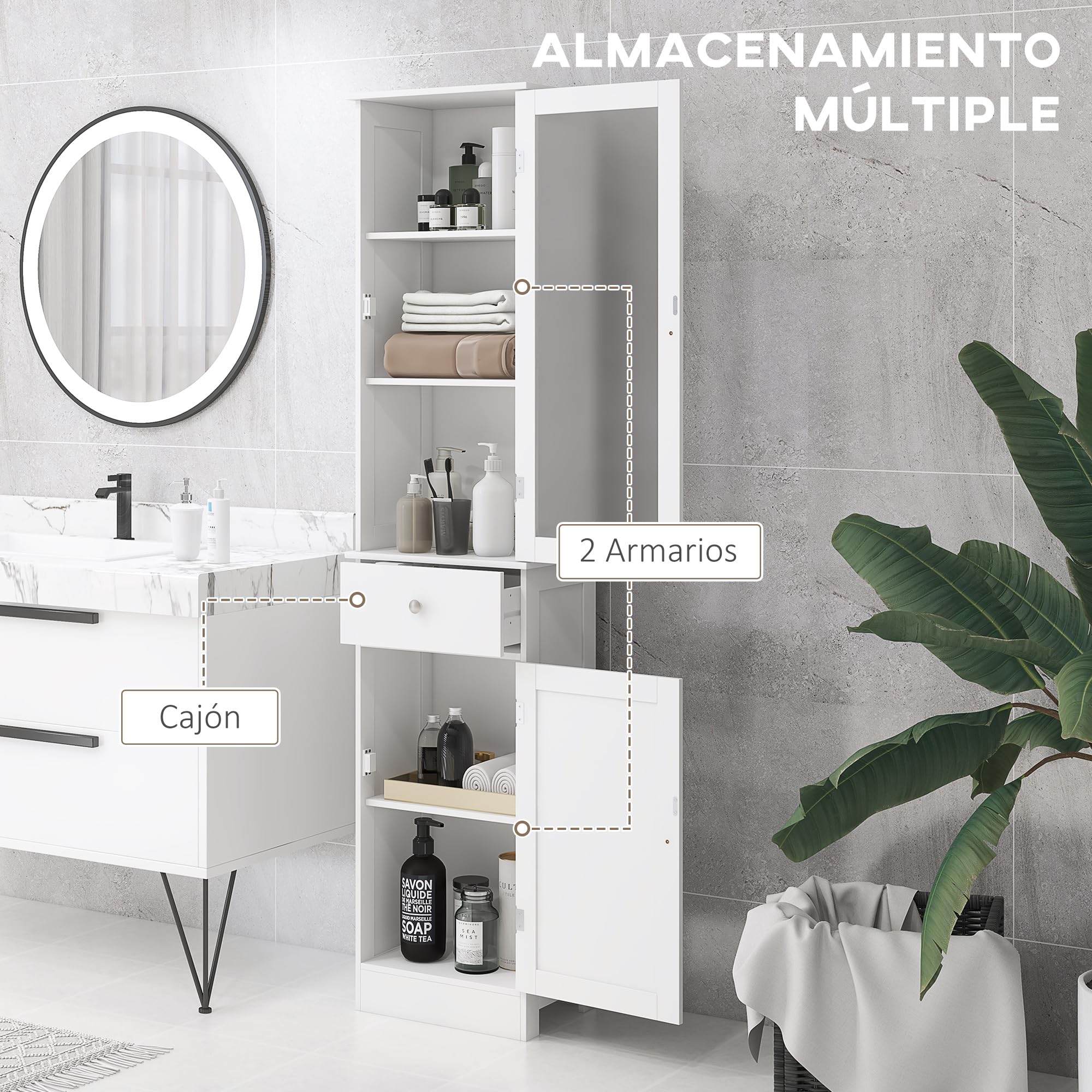 kleankin Armario de Baño Alto Delgado con Cajón 40x27x171,5 cm Blanco | Armario de Almacenaje Delgado, Estantes Ajustables, para Espacios Pequeños, Moderno