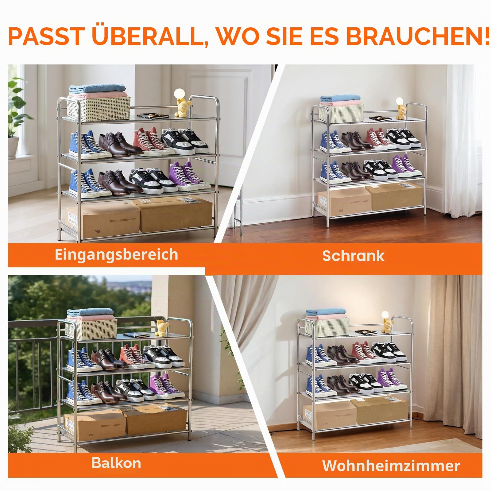 Edelstahl-Schuhregal 4-stufig | Starker Schuhorganizer für Kleiderschrank & Flur | Platzsparendes Schuhregal mit Stapelfunktion