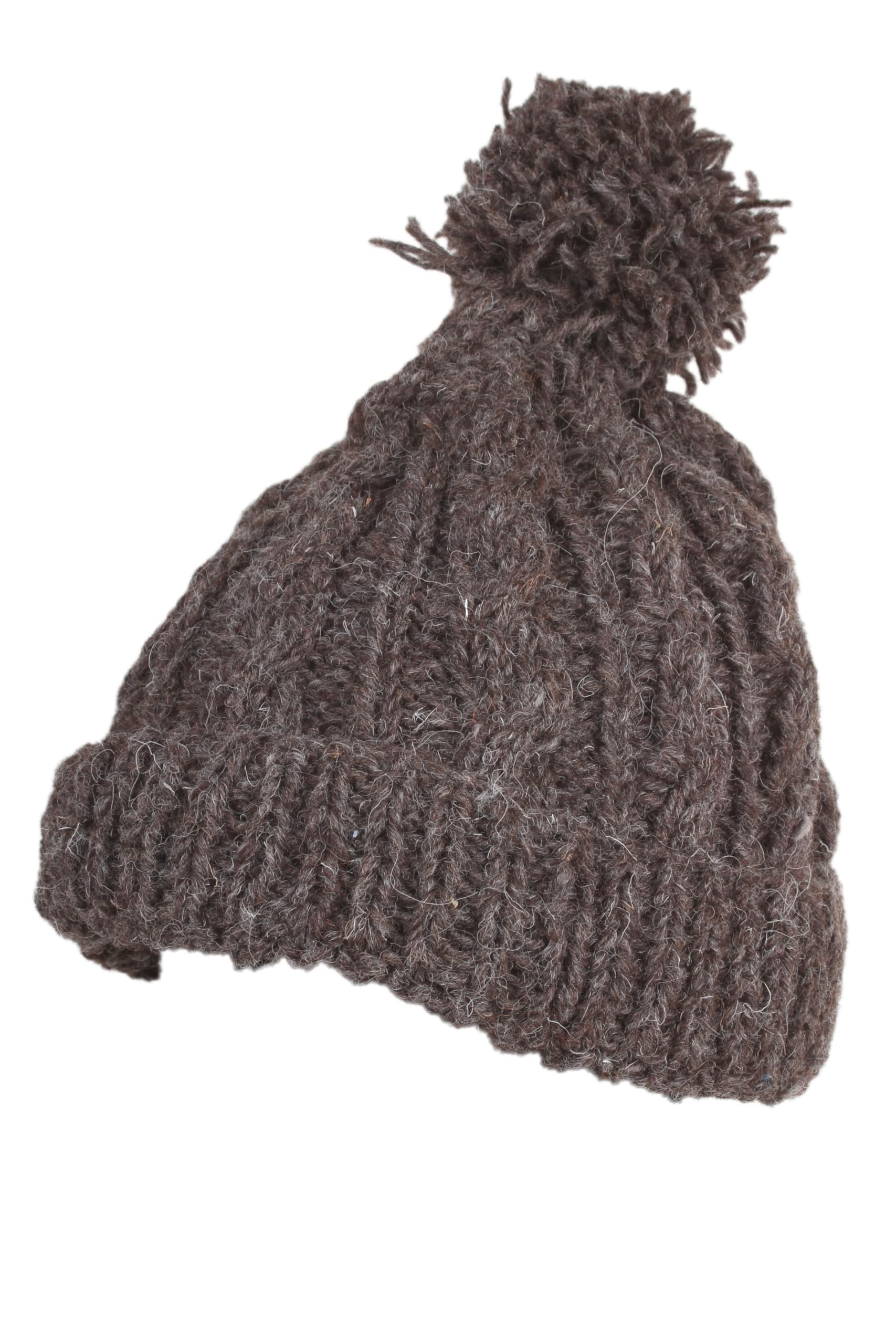 Pachamama Women Wool Beanie Bobble Hat Fleece Lined Handknitted Cable Knit Plain One-Size Handmade Extra Warm Fair Trade (Wool, Bark)