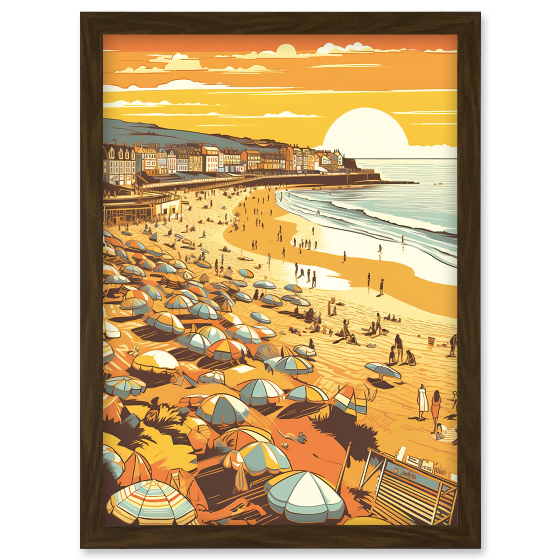Artery8 Summer Sunset at Busy Sandy Promenade Beach Artwork Framed Wall Art Print A4