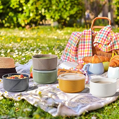 Miniatura 7 de Cuencos de cerámica con tapas recipientes de almacenamiento de alimentos aptos para microondas de 20 onzas para sopa, ensalada, cereales, sobras,