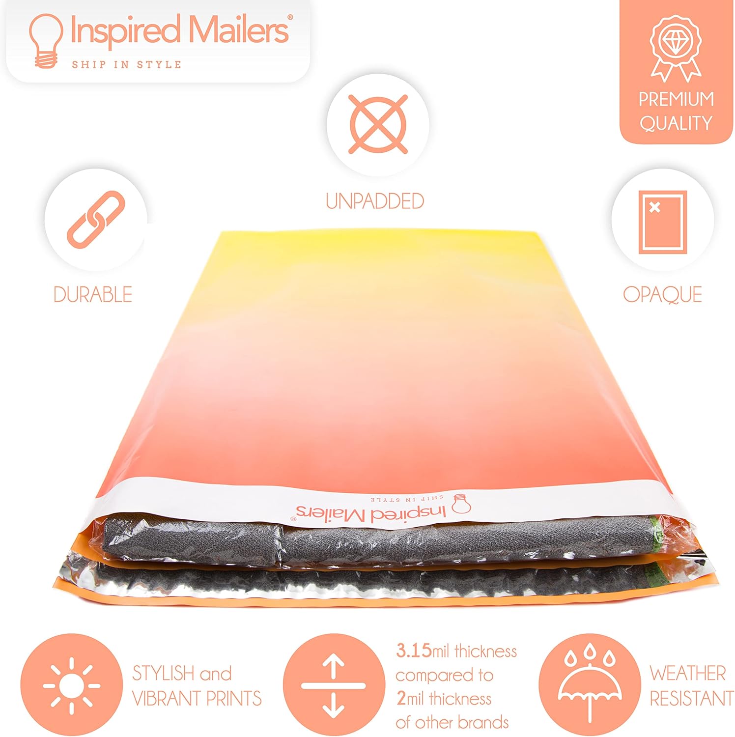Inspired Mailers - Large Poly Mailers 14.5 x 19 - 50 Pack Sunset Ombre Shipping Bags for Clothing - Mailing Envelopes