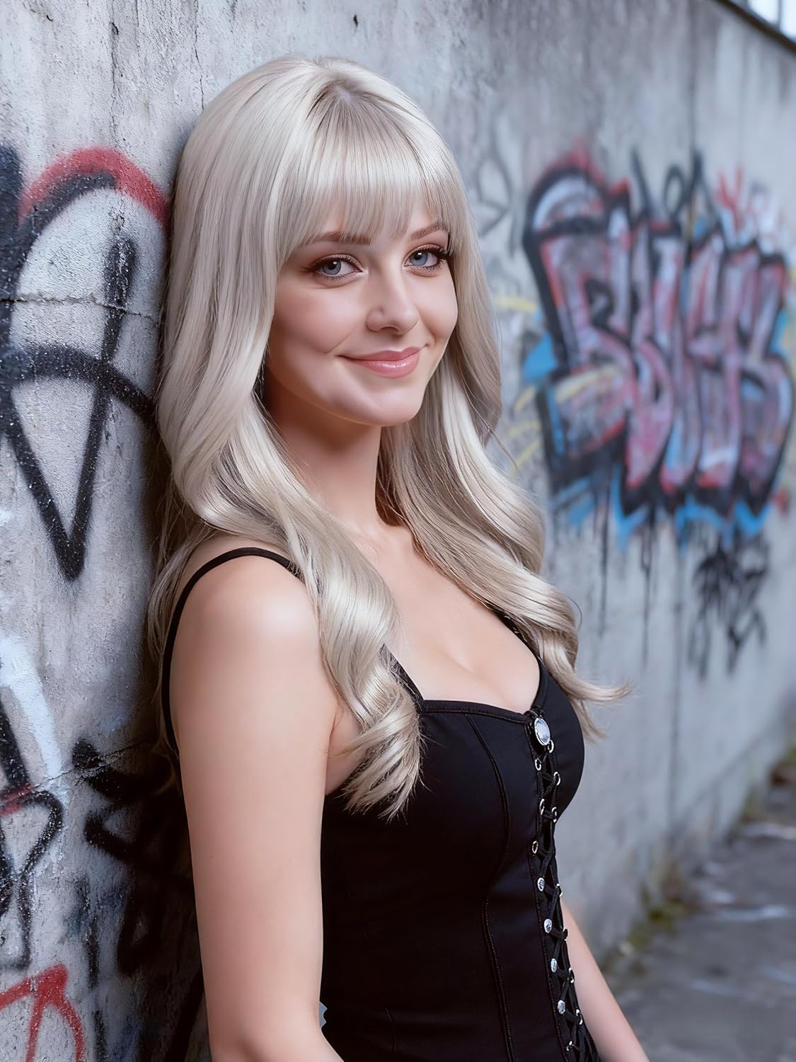 Rugelyss Long Wavy Champagne Blonde Wigs for Women, 20 Inches Cream White Wig with Bangs Synthetic Hair Wig for Daily Party - Image 4