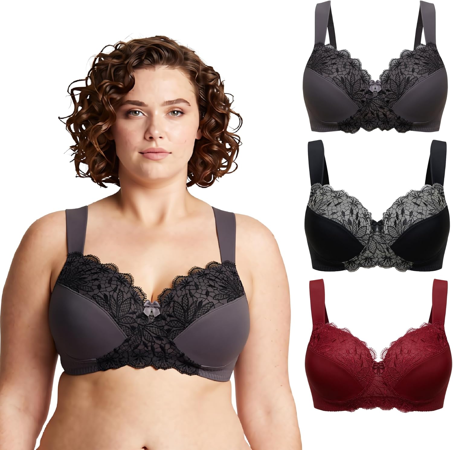 Curve Muse Plus Size Unlined Minimizer Wirefree Bras with Embroidery Lace-3Pack