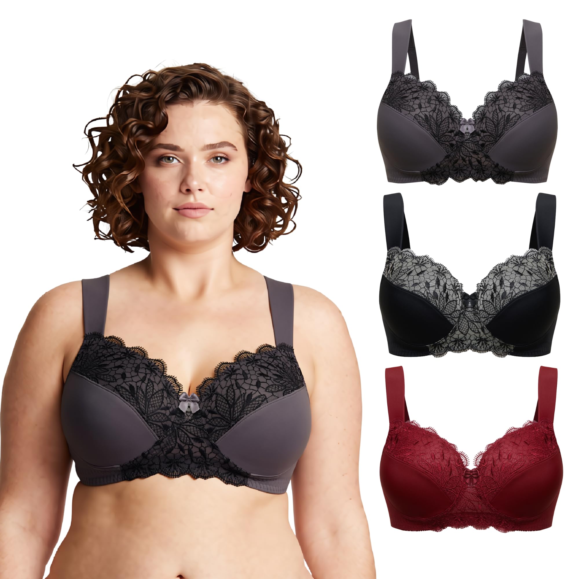 Curve Muse Plus Size Unlined Minimizer Wirefree Bras with Embroidery Lace-3Pack