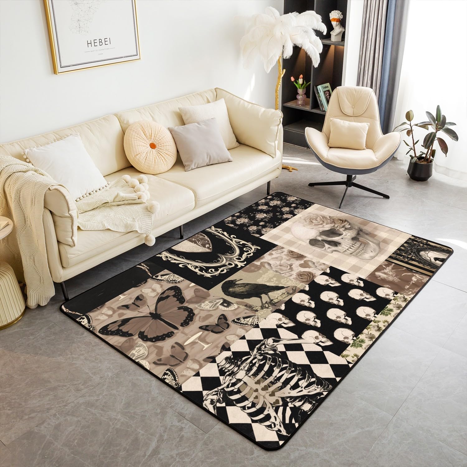 Castle Fairy Boho Skeleton Area Rug,Gothic Crow Moth Pattern Decorative Rugs,Black Brown Grid Patchwork Accent Rug for Bedroom Decor,Vintage Hippie Style Indoor Floor Mat Entrance Rug,3'x5'