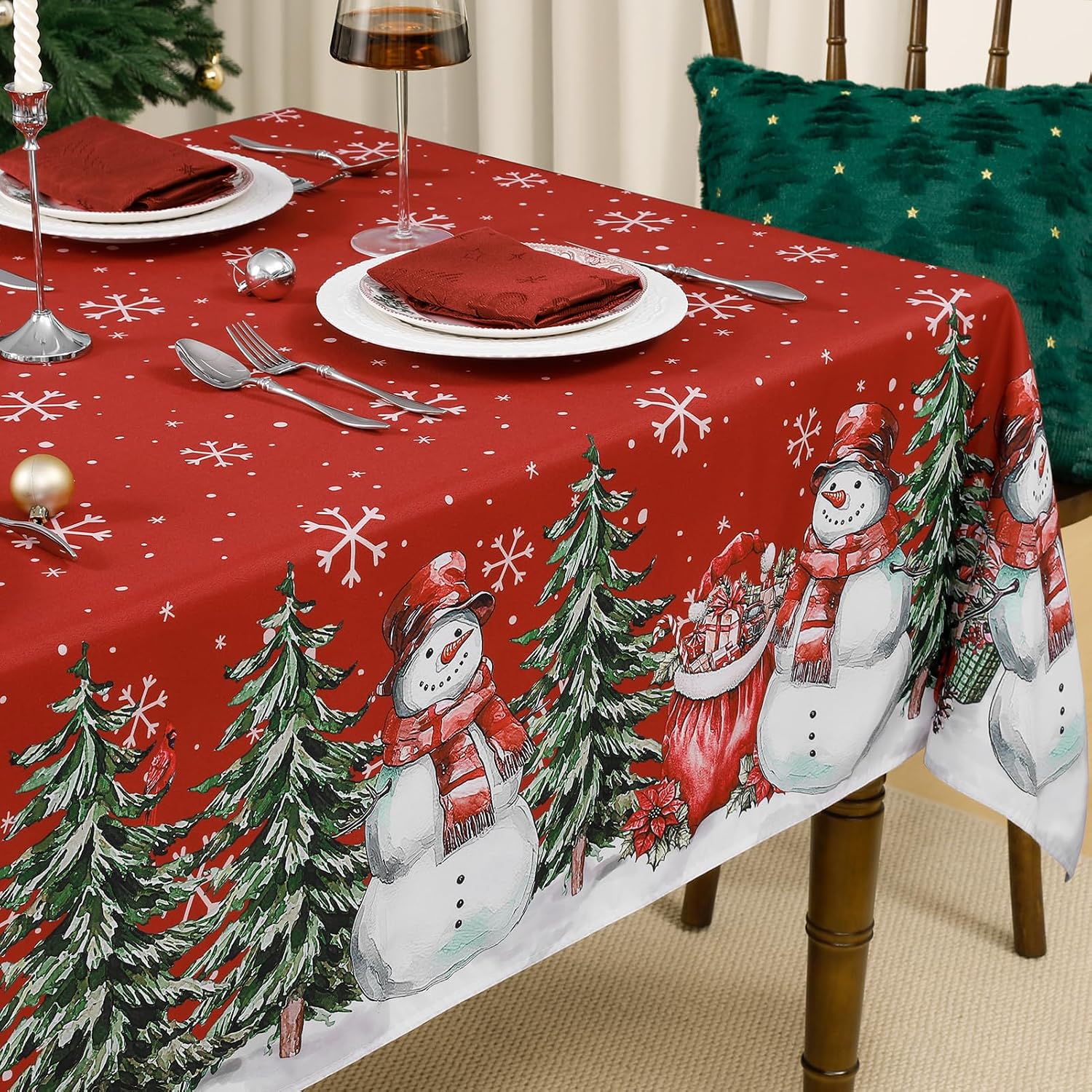 NOVILYS Red Christmas Rectangle Tablecloth - Printed Xmas Tree & Snowman Pattern, Washable &Stain Resistant Decorative Holiday Table Covers for Kitchen, Party, Dining Table Decor - 60 x 102 Inch