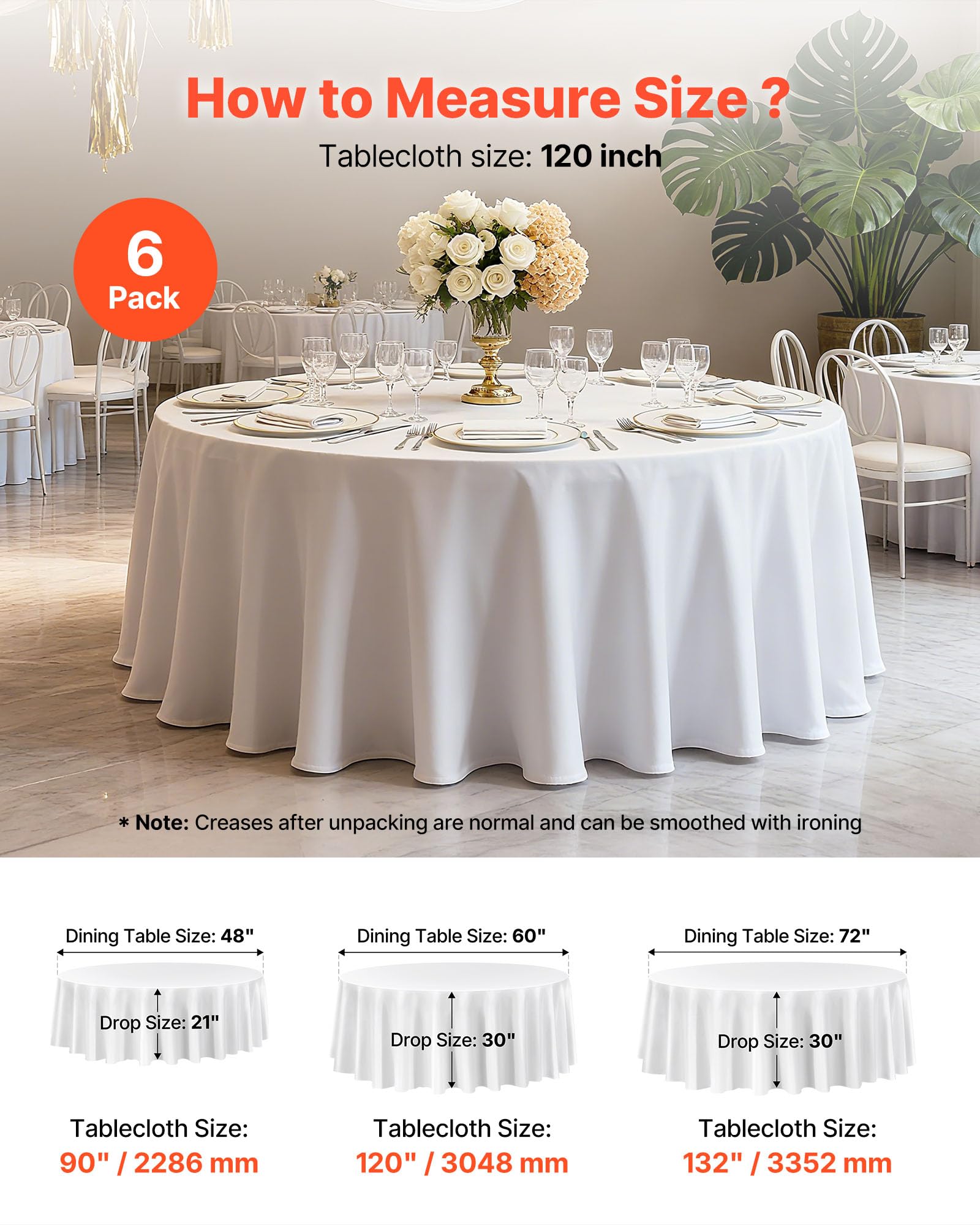VEVOR Manteles Redondos de 3048 mm, Elegantes y Versátiles, Resistentes a Las Arrugas, Lavables a Máquina, de Poliéster, para Fiestas, Bodas, Banquetes y Eventos Formales, Color Blanco, 6 uds