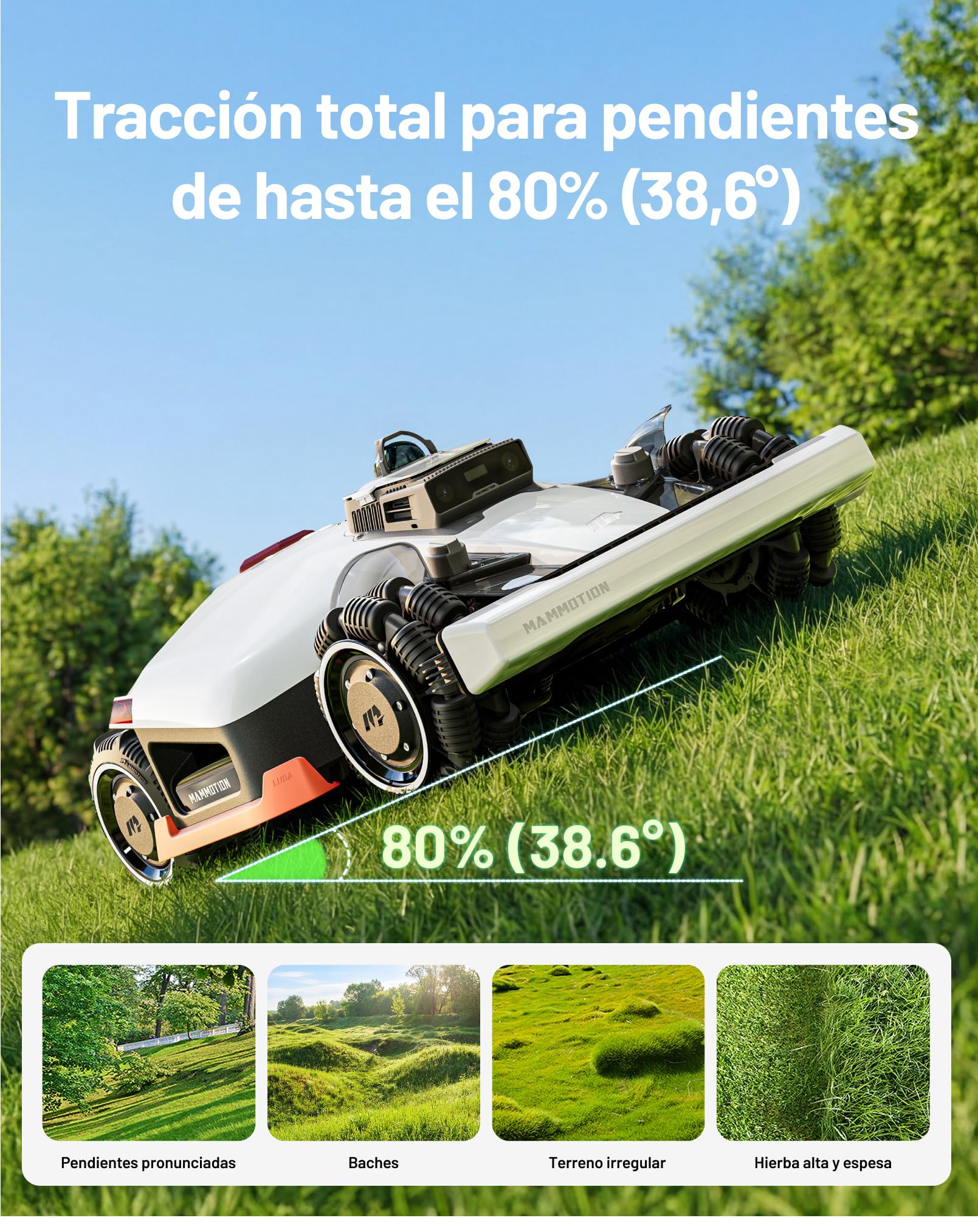 MAMMOTION LUBA 3 AWD 3000 Robot Cortacésped sin Cable Perimetral, Posicionamiento LiDAR+NetRTK+AI Vision Tri-Fusion a 360°, Tracción para Pendientes del 80%, hasta 30 Zonas, Altura de Corte 25-70mm