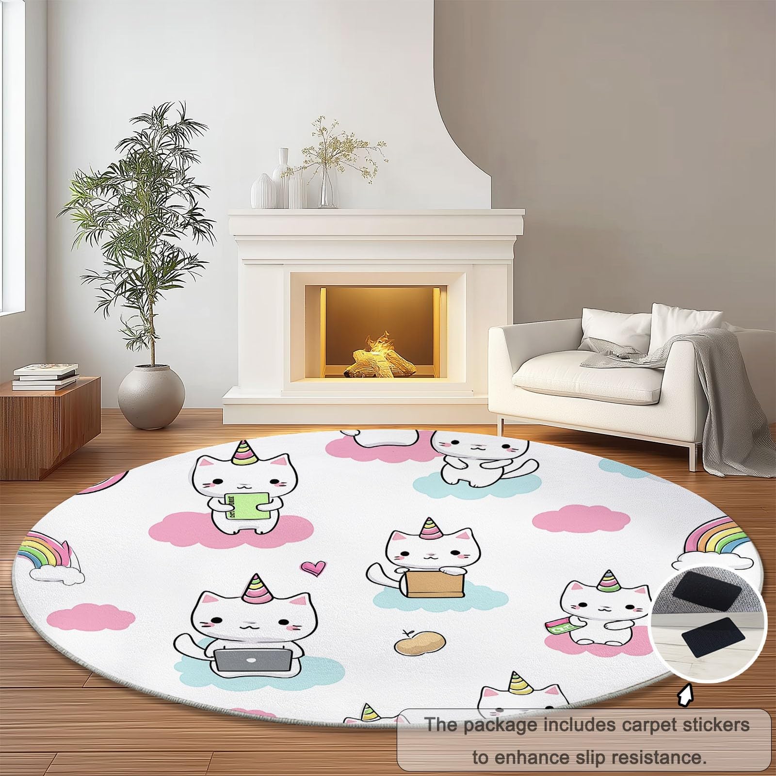 Genérico Alfombra Redonda de Patrón De Unicornio, 120 cm, Estilo Lindo De Dibujos Animados Lavable Grande Redonda, Antideslizante Suave Ultrafina para Dormitorio, Habitación Infantil Cocina, Blanco