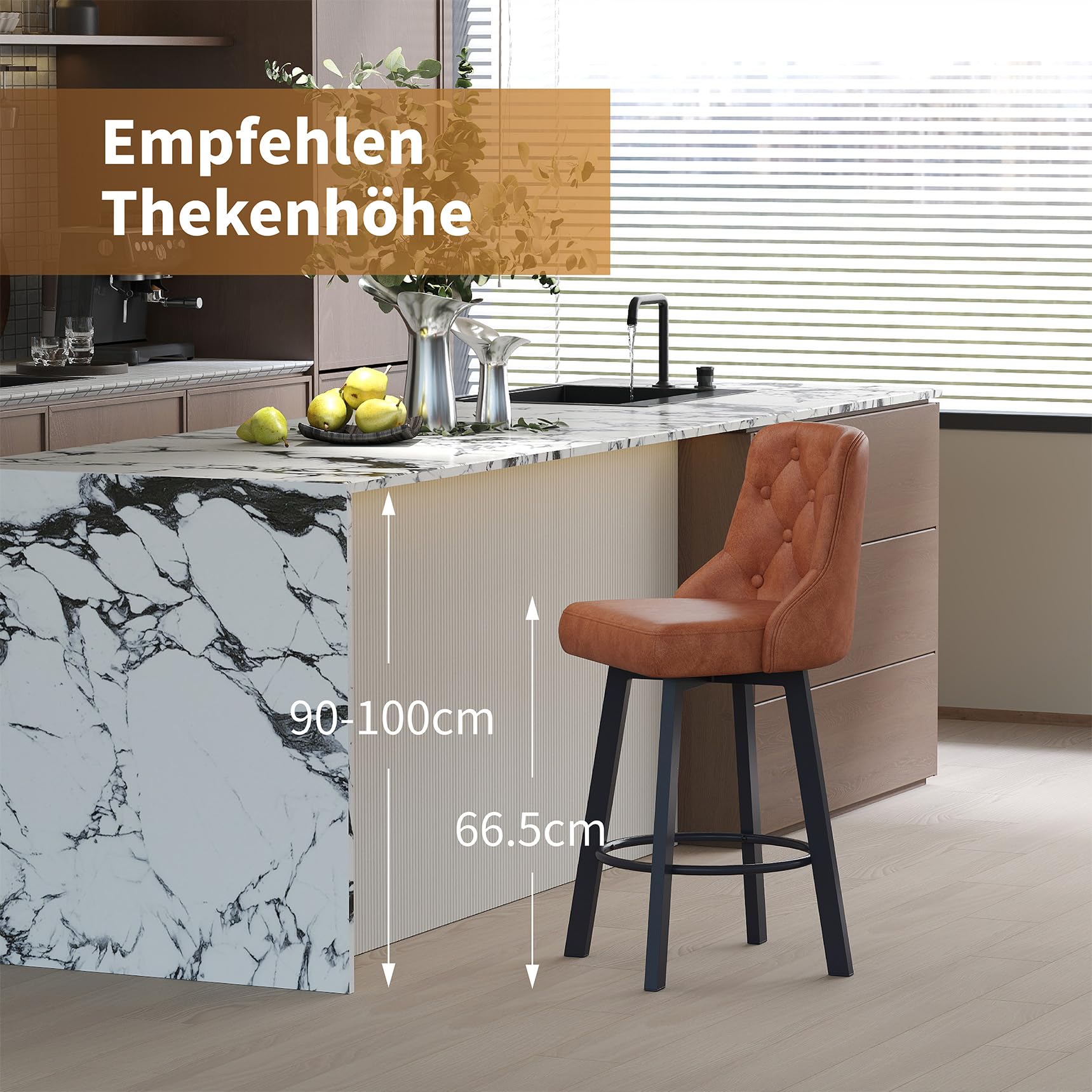 Youhauchair Barhocker 2er Set, Moderner wasserdichter Barhocker aus PU-Leder, 360° drehbarer Barstuhl mit Fußstütze, Sitzhöhe 66,5 cm, Tragkraft 150 kg, Braun