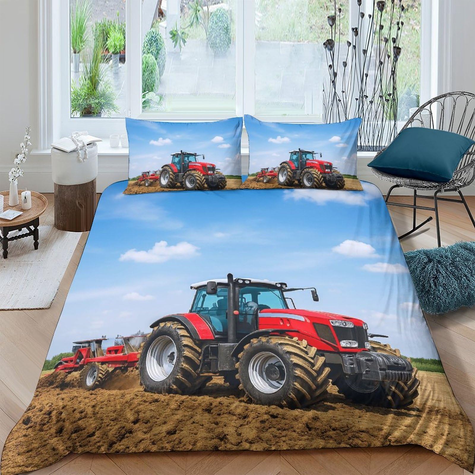 Ctjqhvkz Style-5 3D Printed Red Tractor Fitted Sheet Microfiber Soft Farm Machinery Bed Cover For Bedroom Dorm Mattress Protection Decor Single（135X200cm）