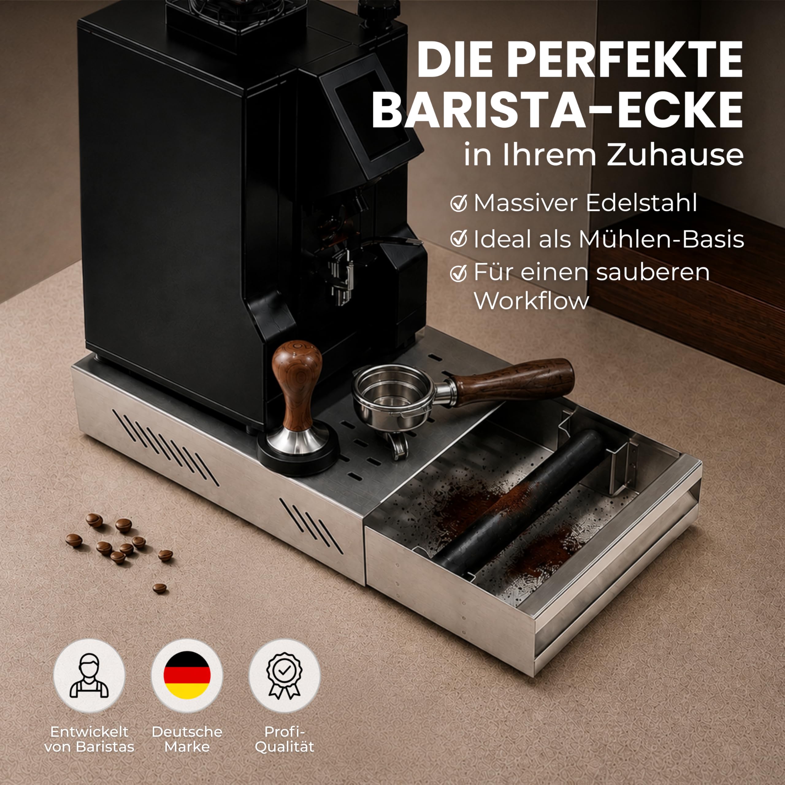 scarlet espresso | Tiroir à sud « Professional » pour marc de café, récipient à égouttoir pour porte-filtre, bâton en caoutchouc, acier inoxydable/revêtu par poudre, 250 x 350 x 80 mm (noir)
