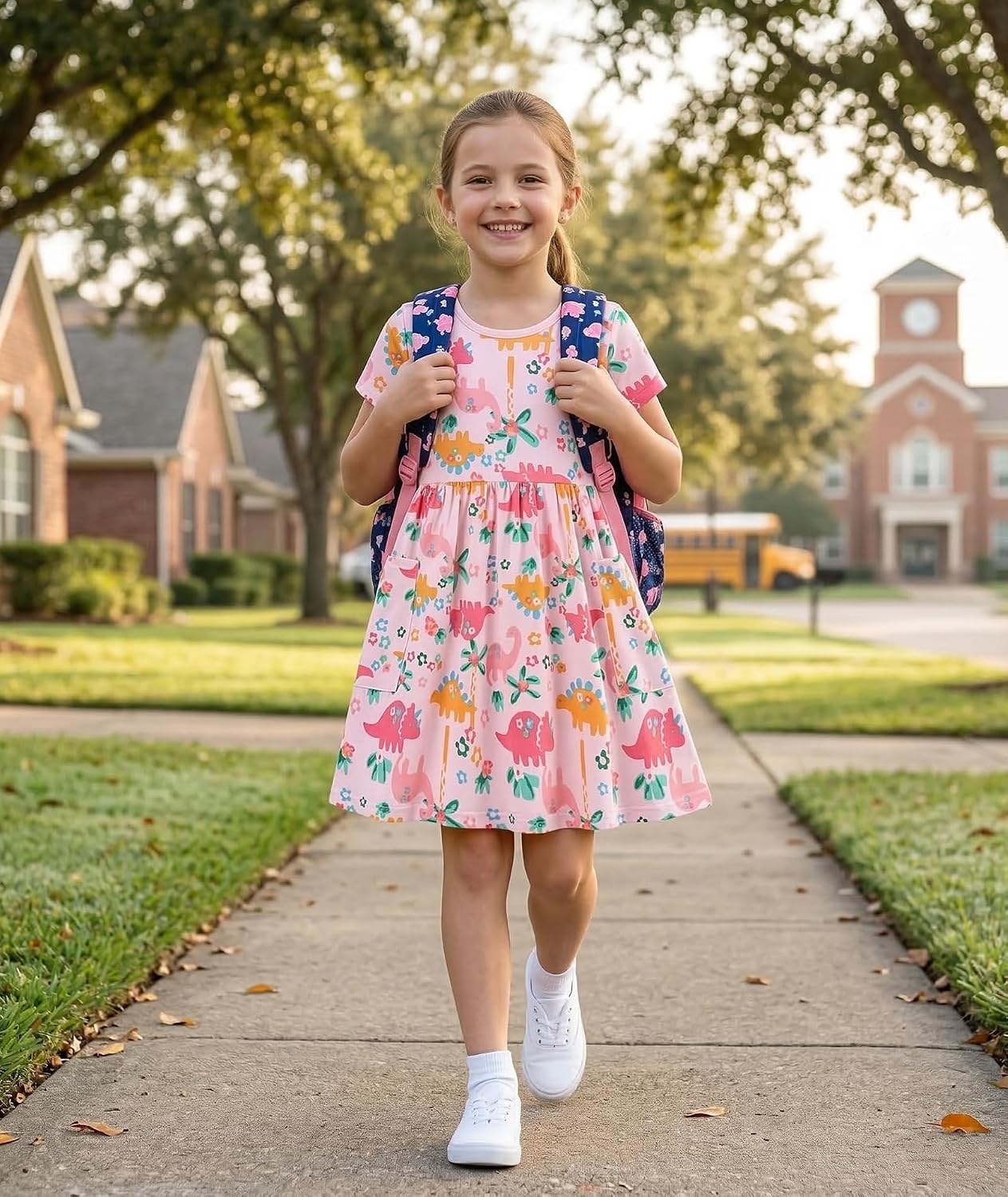 Bumeex Girl's Dresses Cotton Sleeve A-Line Cute Midi Casual Sundress