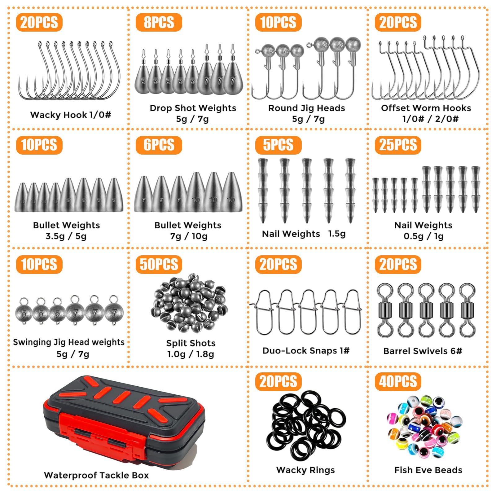 Fishing Gear Accessories Kit with Box, Freshwater Fishing Tackle Kit Included Crankbait Hook Weight Swivel Bead, Accessories Suitable for Freshwater Bass Trout, Gift for Beginner Fishing 264Pcs