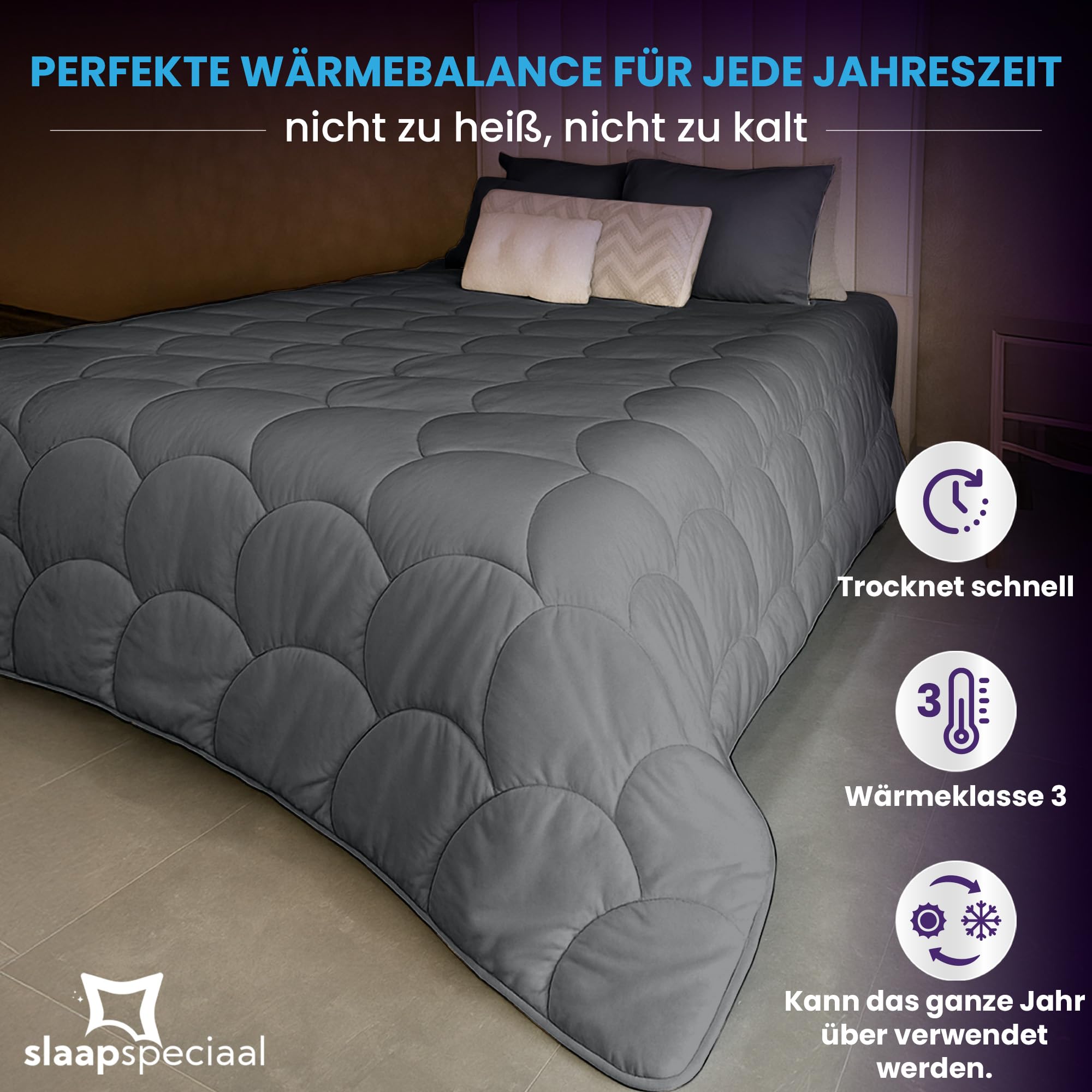 Bettdecke ohne Bezug 240x220cm - Ganzjahresdecke Wärmestufe 2 | Decke und Bezug in Einem - Atmungsaktiv & Regulierend - Gelfasern für Daunengefühl - Waschbare Allergiker Bettwäsche - Grau
