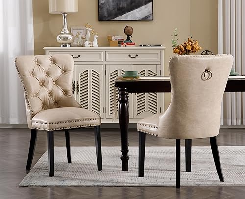 Miniatura 4 de EALSON Juego de 2 sillas de comedor modernas de cuero de mediados de siglo con patas de madera, sillas laterales de cocina tapizadas con ribete de