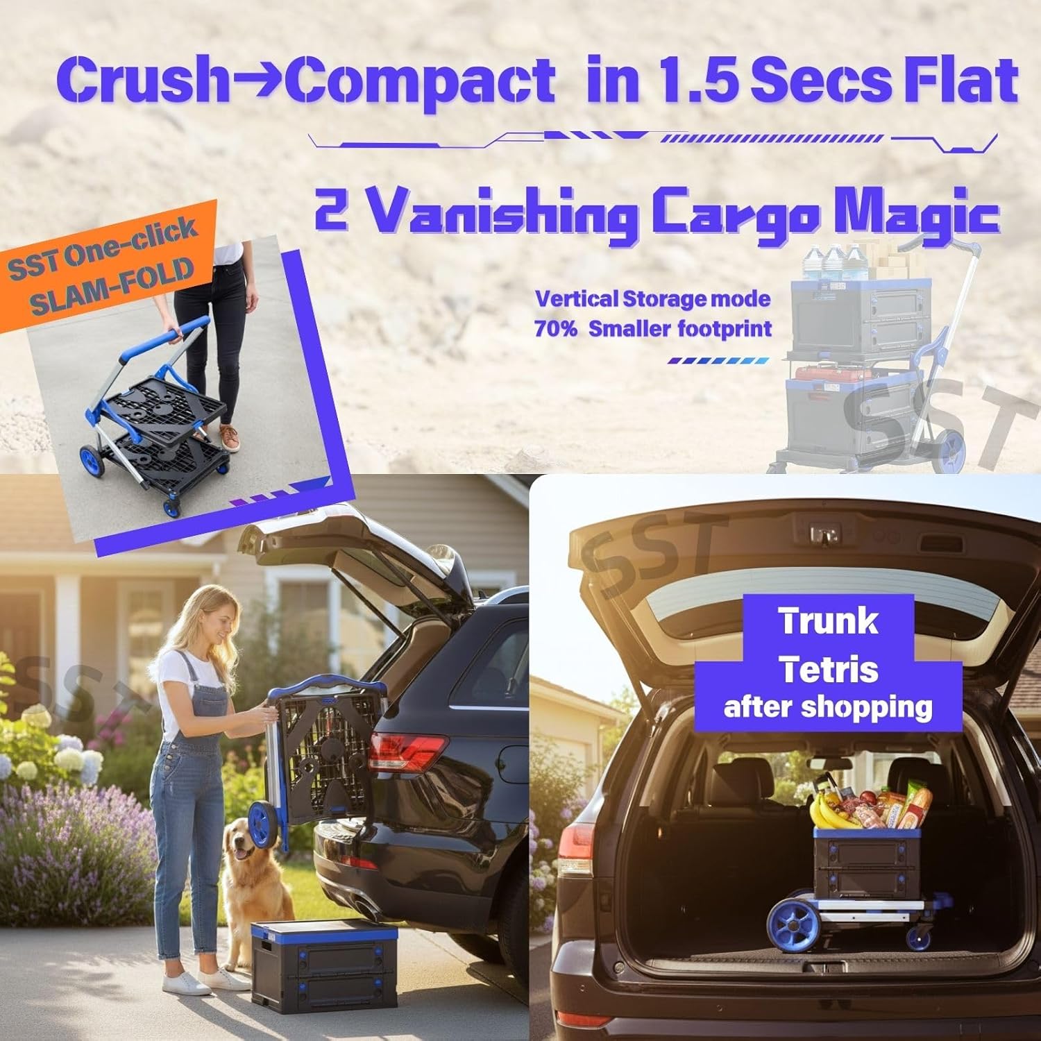 SST Collapsible Shopping Cart, 200LBS Capacity Multi Functional Utility Cart with 2 Storage Crate, Adjustable Handle Grocery Cart on Wheels for Grocery Shopping, Warehouse, Office, Supermarket