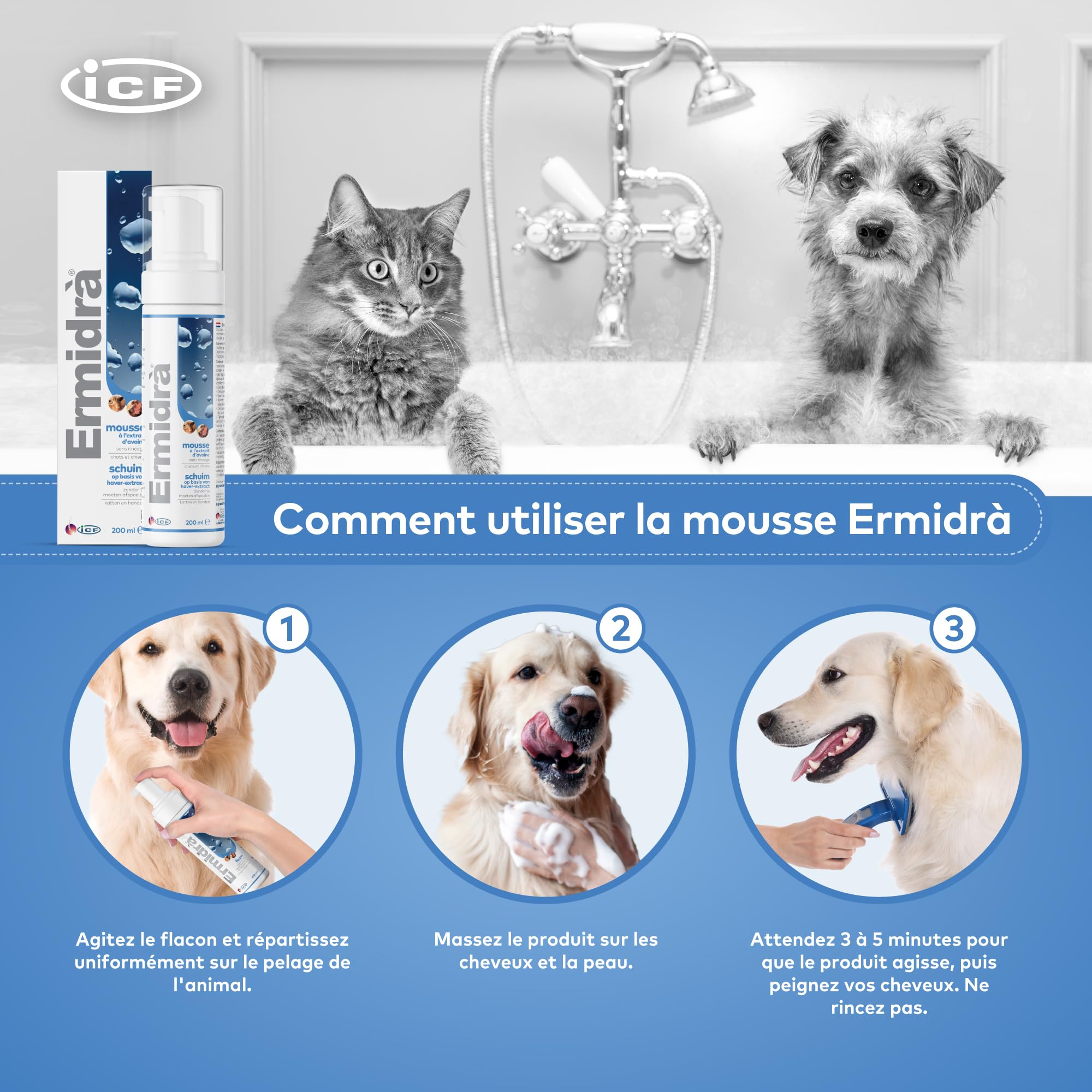 ICF Ermidrà Foam pour Chien et Chat | Soin Réhydratant sans Rinçage | 200 ML | Foam Apaisante Hydratante