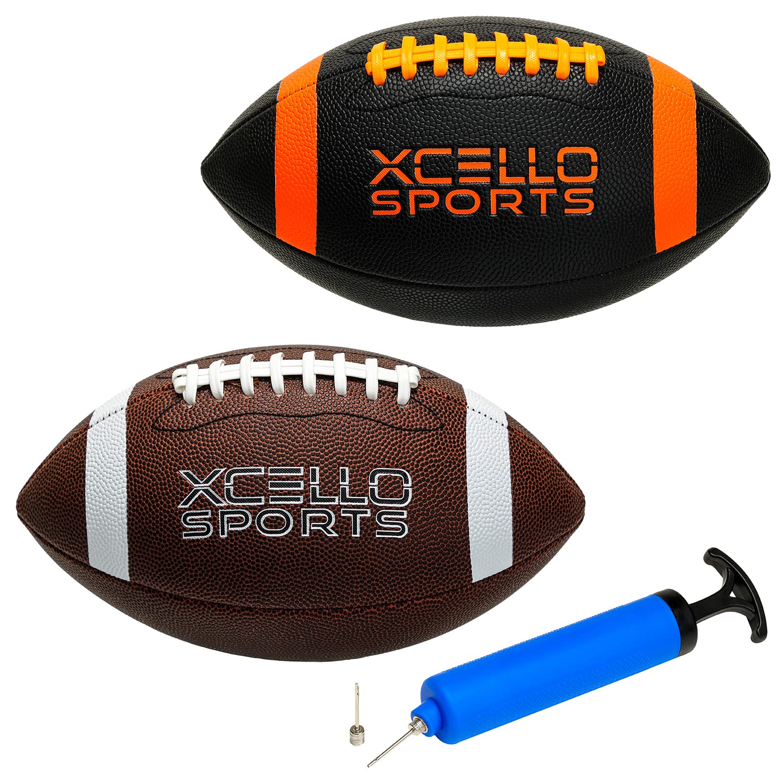 Xcello Sports JR Football Assortment w/Pump (Pack of 2) (Black/Orange & Brown/White, Junior - 10