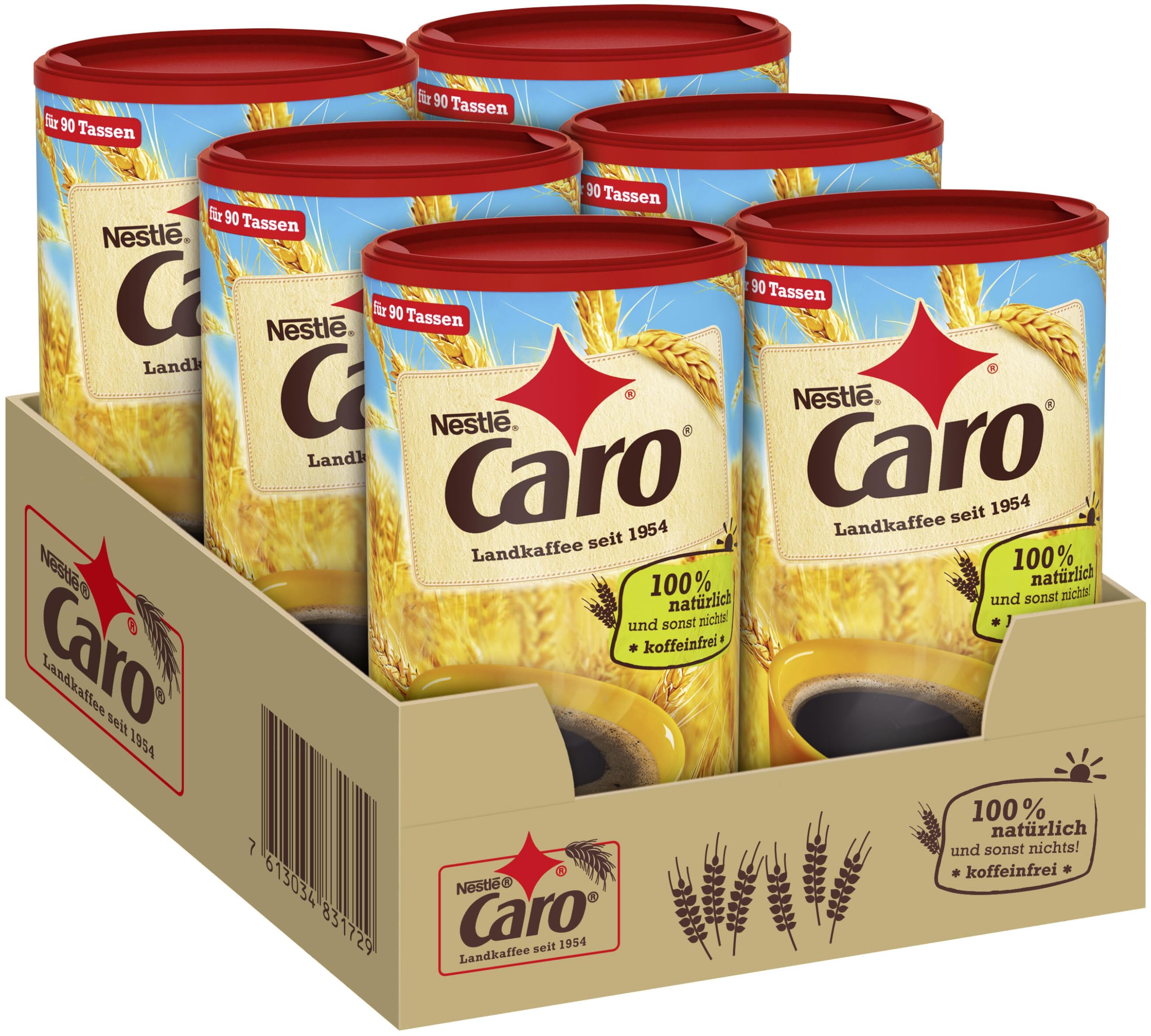 Nestlé CARO Landkaffee, lösliches Pulver aus Gerste, Gerstenmalz, Zichorie und Roggen, koffeinfrei, 6er Pack (6x200g)