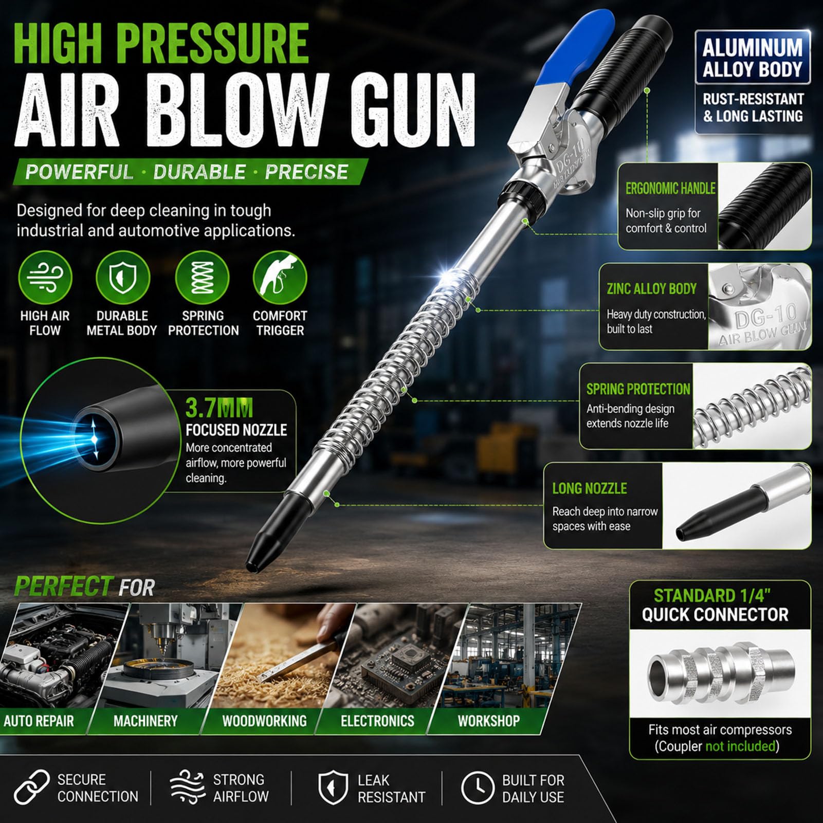 Pistola de Aire comprimido con Tubo Espiral Flexible y Flujo Regulable, sopladora neumática para electricistas, CNC, Garaje y Limpieza de componentes,1000mm Blow x 12m Air Hose