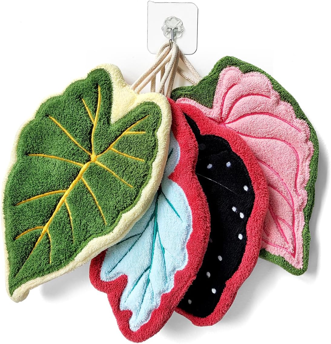 4 Pack Kids Hand Towels, Cute Leaf Thick Soft Hanging Flannel Wash Cloths & Bath Cloths, Reusable Kitchen Wipes Decorative Linens with Hooks, Small Decor Towels for Boys Girls Bathroom Kitchen