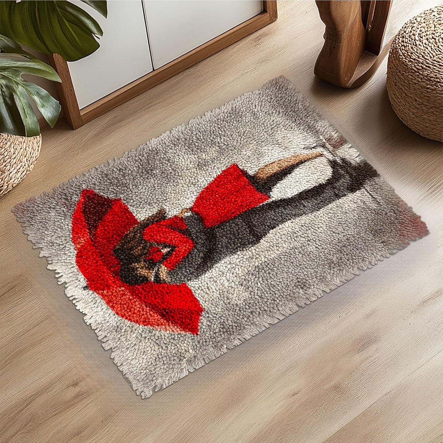 Latch Hook Rug Kit Man and Woman Hugging Under Red Umbrella Pre-Printed Handmade Carpet Crochet Yarn Craft DIY Hook and Latch Door Mat Tapestry for Home Floor Decoration 52x38cm-1