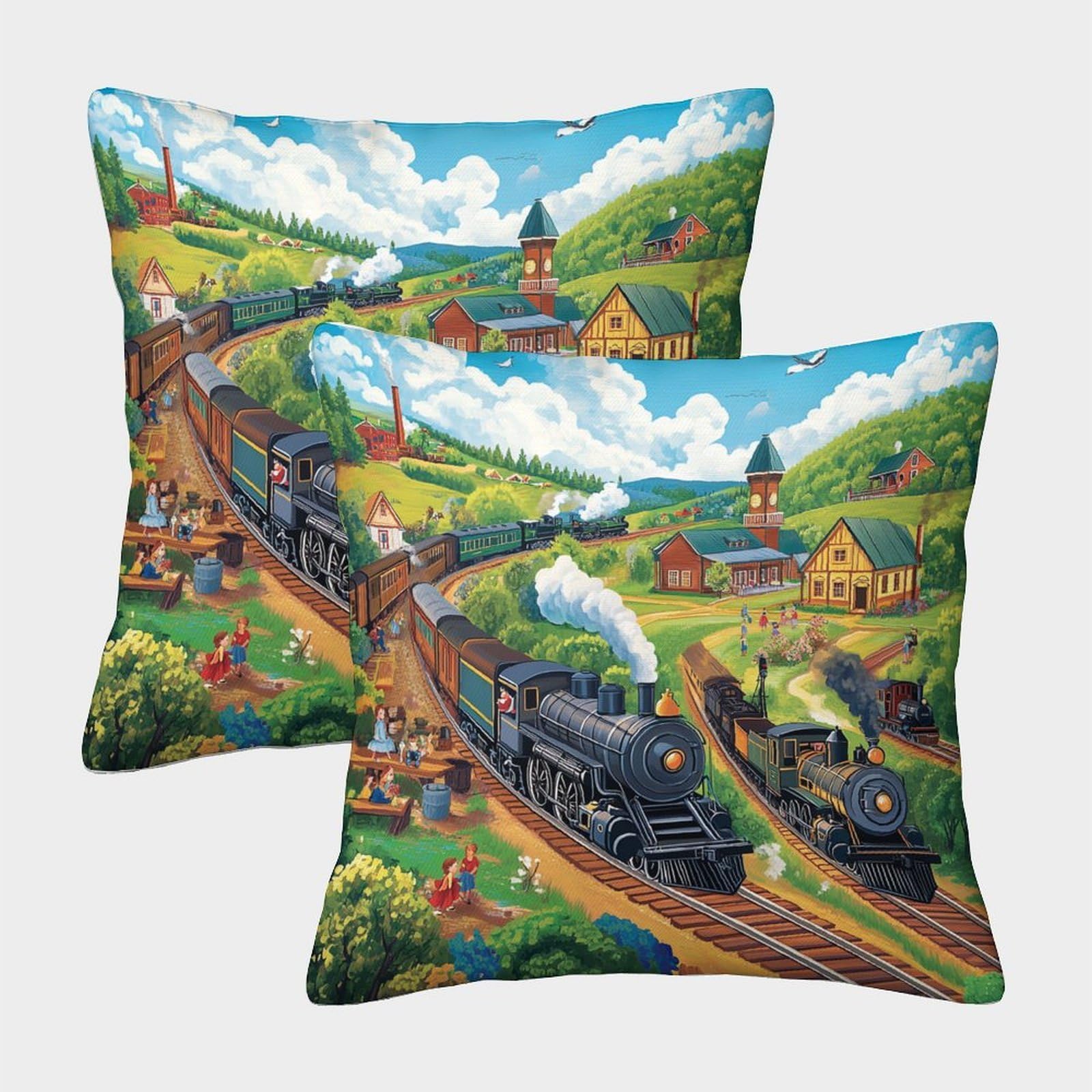 QFVANSIYO 3D Printed Countryside Train Pillowcase Microfiber Bedroom Décor for Adults Teens Countryside Train Pillow Cover Soft 45x45cm