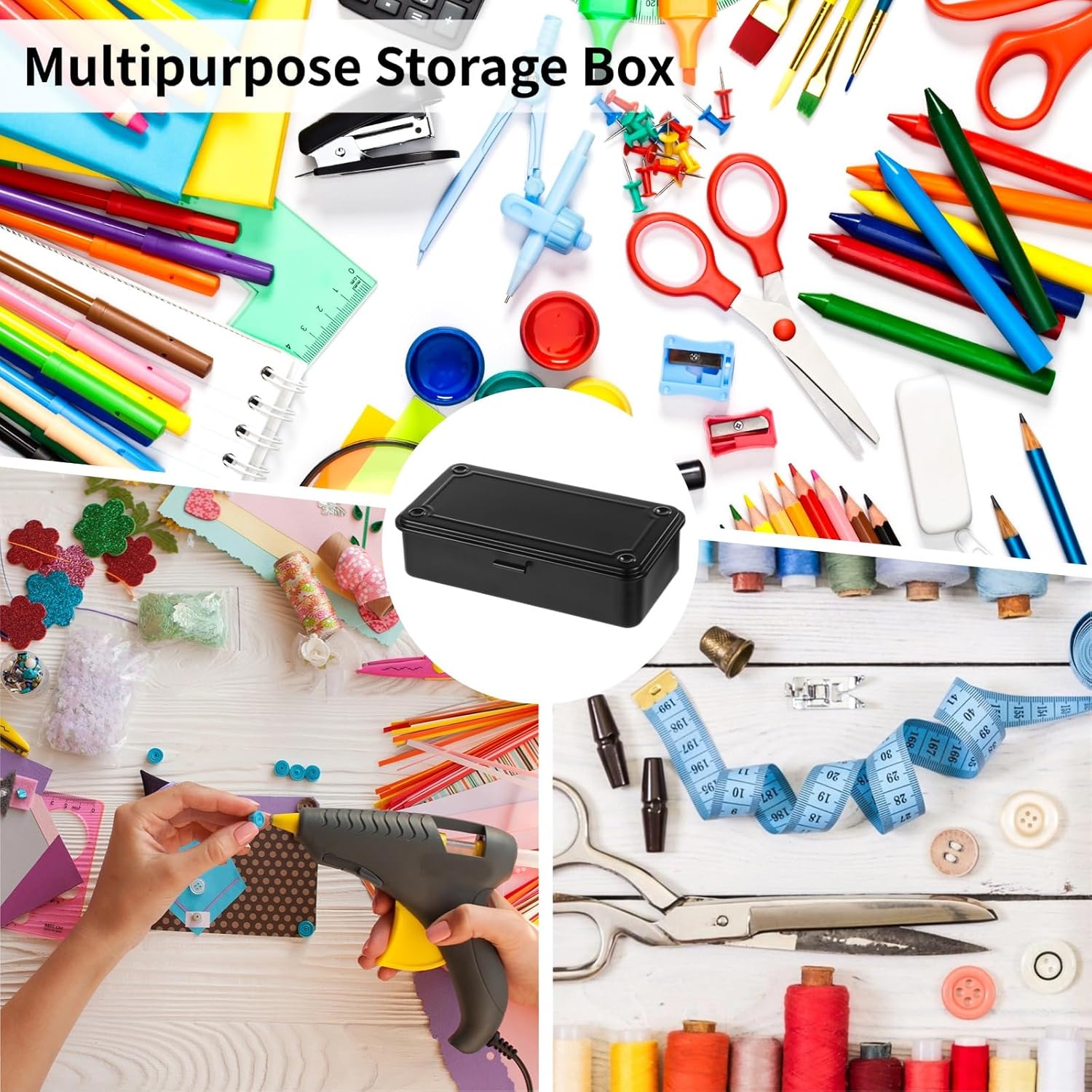 Empty Metal Hinged Tool Box, Steel Storage Box with Hinged Lid, Metal Container for Scrapbook Stamps, Metal Storage Organizer for Pens, Stationary, Pegs, Metal Fittings, Office Supplies