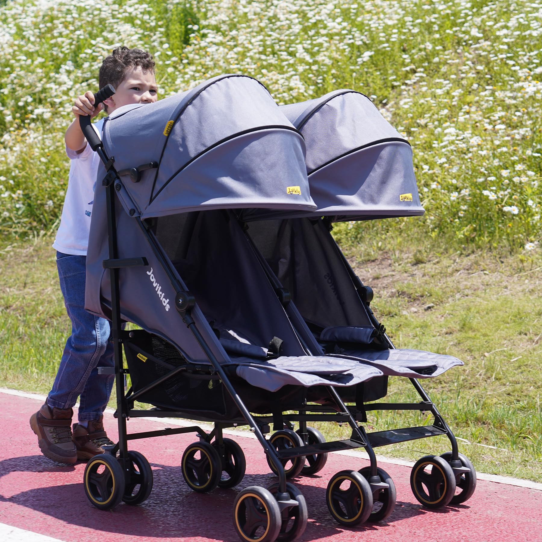 Jovikids Poussette double avec fonction allongée, pliable, avec pare-soleil, capote de pluie et porte-gobelet