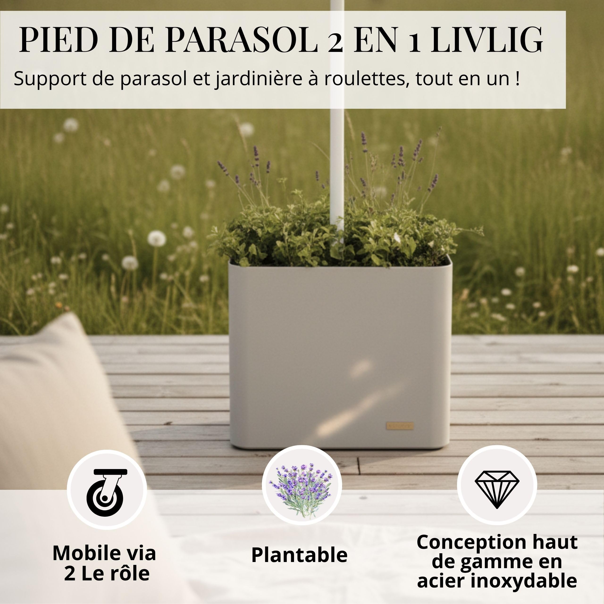 Livlig53 LIVLIG Pied de parasol avec roulettes – Support de parasol 2 en 1 transportable, pot de fleurs et protection solaire, 100 % acier inoxydable, rechargeable jusqu'à 39 l, pour parasols jusqu'à