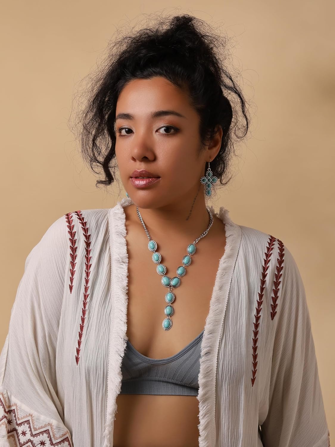 MINACHI Bohemian Created Turquoise Necklace, Silver Plated Chain Created Turquoise Y Necklace, Boho Jewelry Gift for Women - Image 7