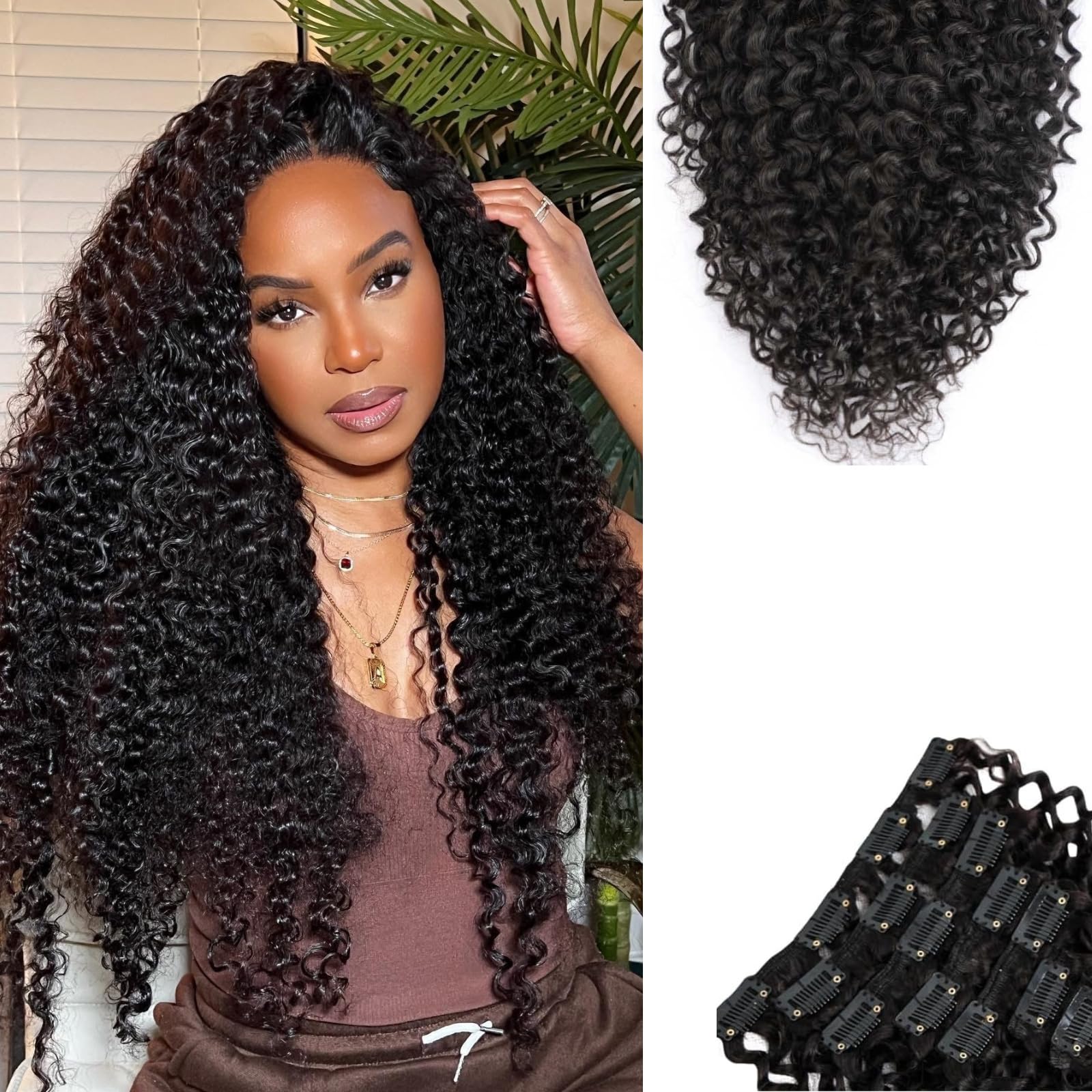 SIYUSI Kinky Curly Clip In Extensions, Luxurious Thickness, Premium Brazilian Remy Hair Clip Ins, Invisible & Scalp-Friendly, Natural Black Color,