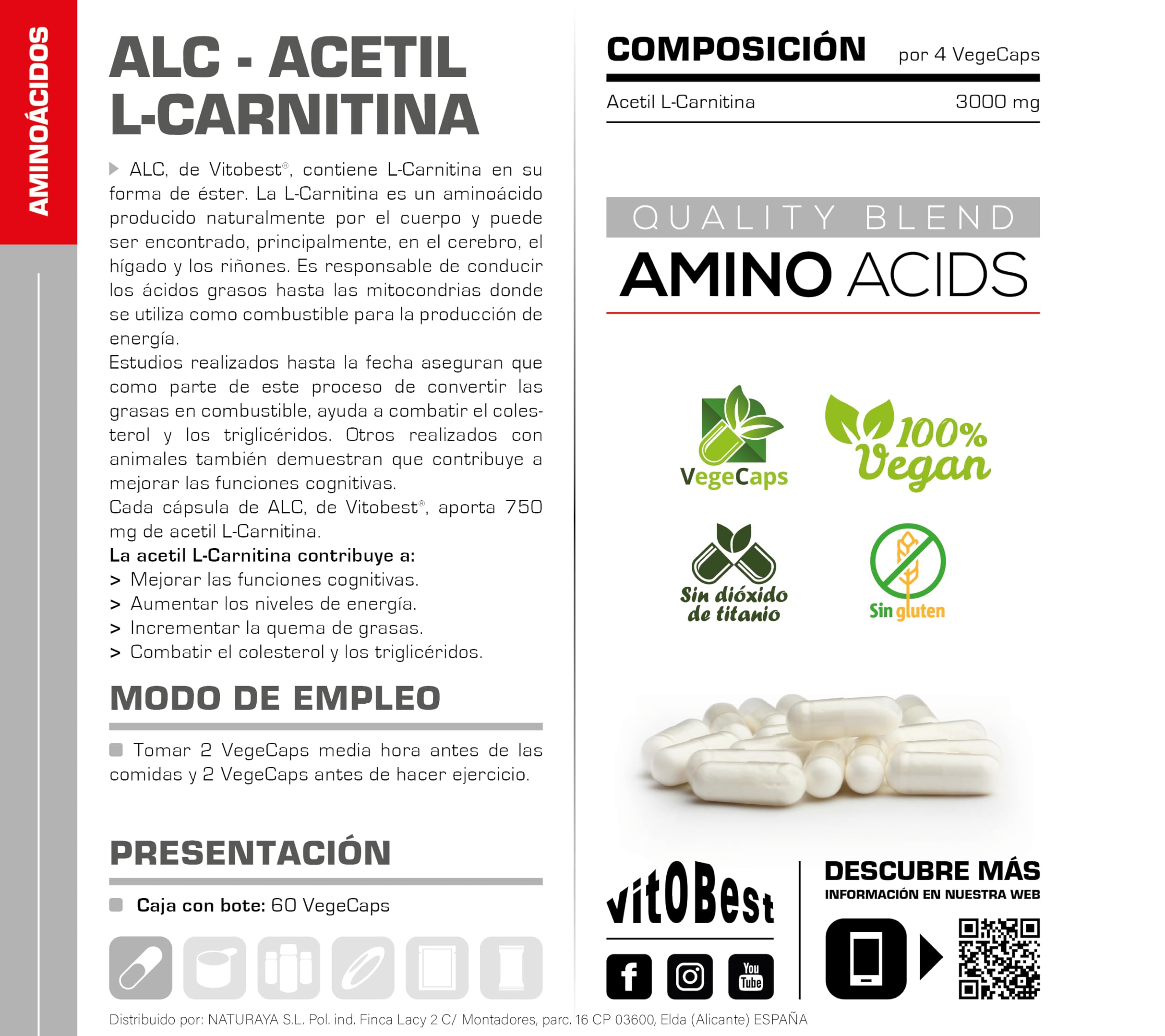 VITOBEST | Aminoácidos ALC (Acetil L-Carnitina) | Contribuye a mejorar las funciones cognitivas y a mantener la energía celular | Acetil L-Carnitina 750 mg por cápsula
