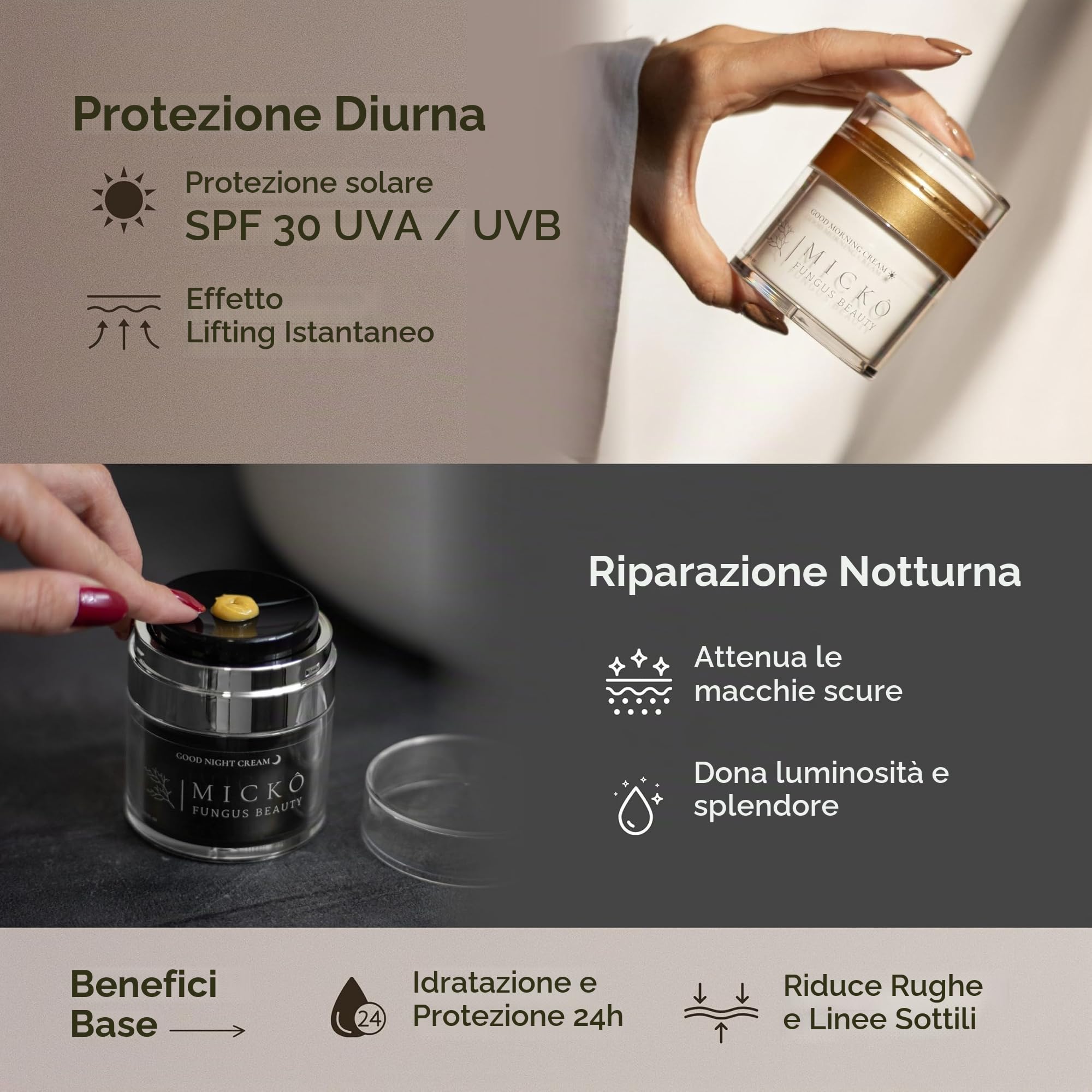 MICKÔ Set Creme Viso Donna e Uomo, Crema Giorno Idratante con Niacinamide, Bakuchiol e Vitamina C, SPF30, Crema Giorno Antirughe Coreana, Crema Notte al Retinolo per Macchie, Confezione 50ml