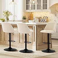 COLAMY Set of 3 Swivel Adjustable Bar Stools, Upholstered Counter Height with Full Backrest, Breathable Fabric for Kitchen Island & Bar, Beige