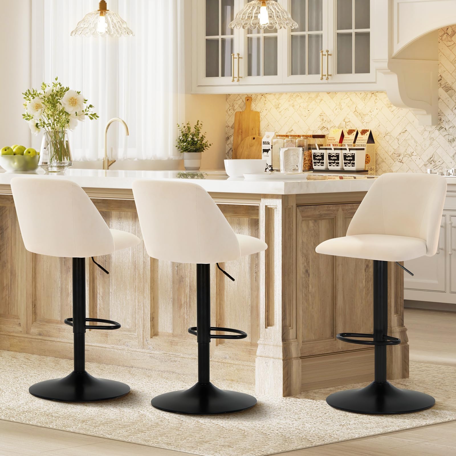 Bar Stools Set of 3, Modern Swivel Bar Chairs, Adjustable Upholstered Barstools Counter Height with Full Backrest for Bar, Dining Room, Kitchen Island, Beige