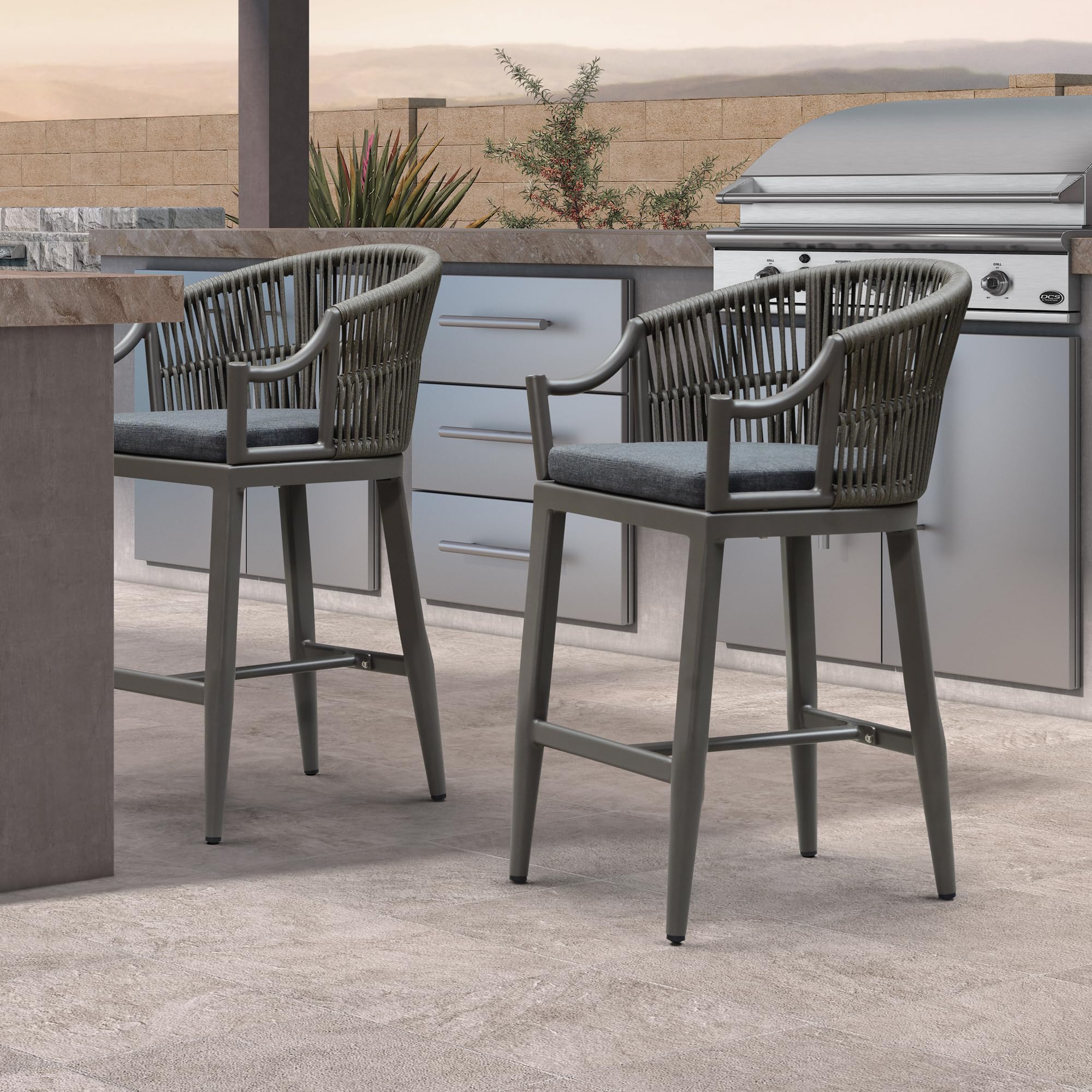 PURPLE LEAF Counter Height Bar Stools Set of 2 Ergonomic Back, Smoke Grey