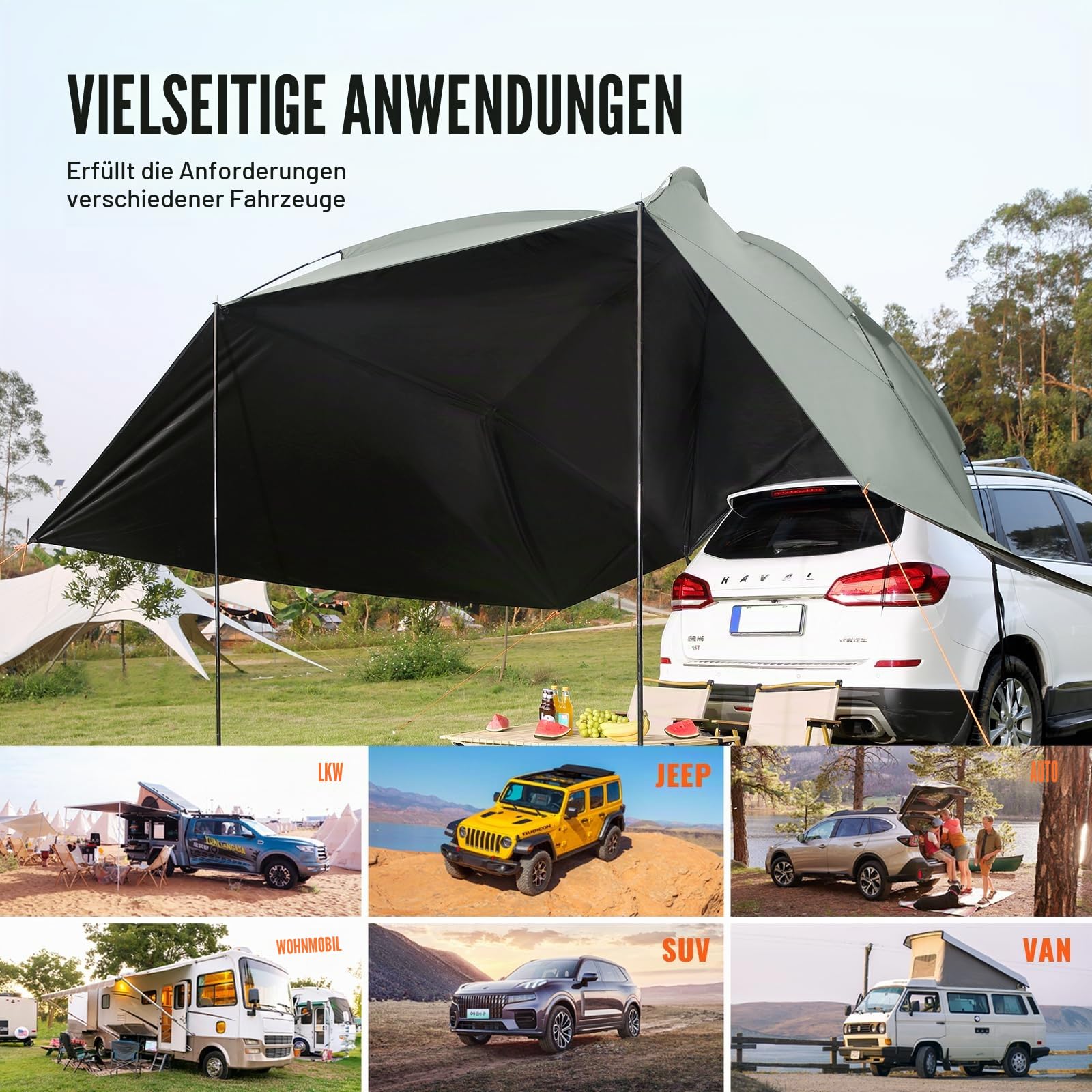 VEVOR Sonnensegel Wohnwagen 3x2,1m Sonnenvordach Wohnmobil UV50+ UV-Schutz Markise 190-T-Polyestergewebe Vorzelt PU2000mm Wasserdicht inkl. tragbarer Tasche Ideal für Camping Familientreffen Ausflüge