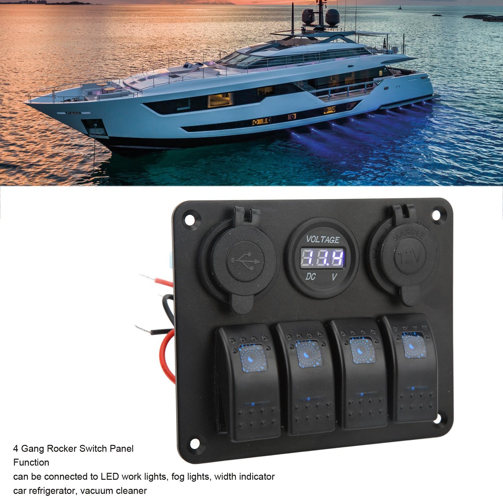 Panel de Combinación de Yate de Barco Interruptores Marinos para RV Boat Yacht Bus Panel de Basculantes de 4 Entradas con Combinación de Encendido y Apagado Toma Encendedor de Cigarrillos USB